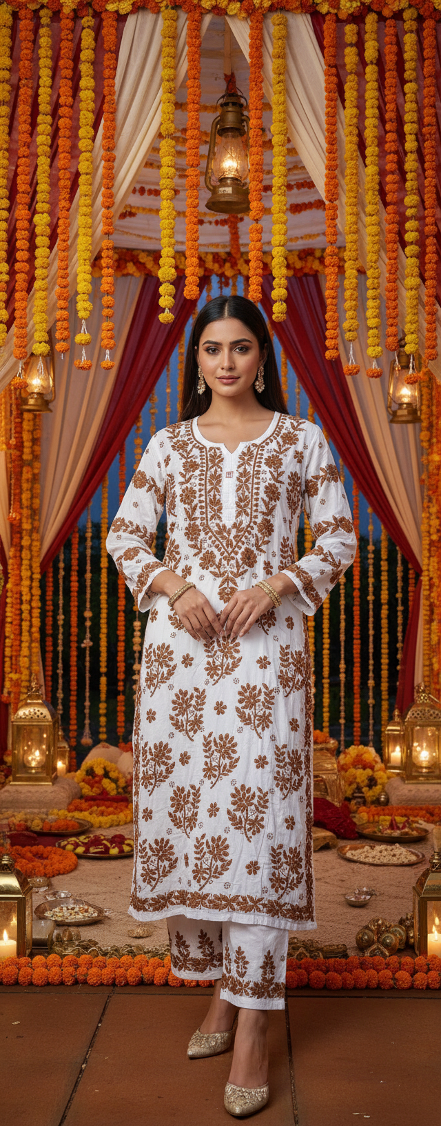 Aira Brown Satin Chikankari Set with 3D Handwork and Modal Bottom