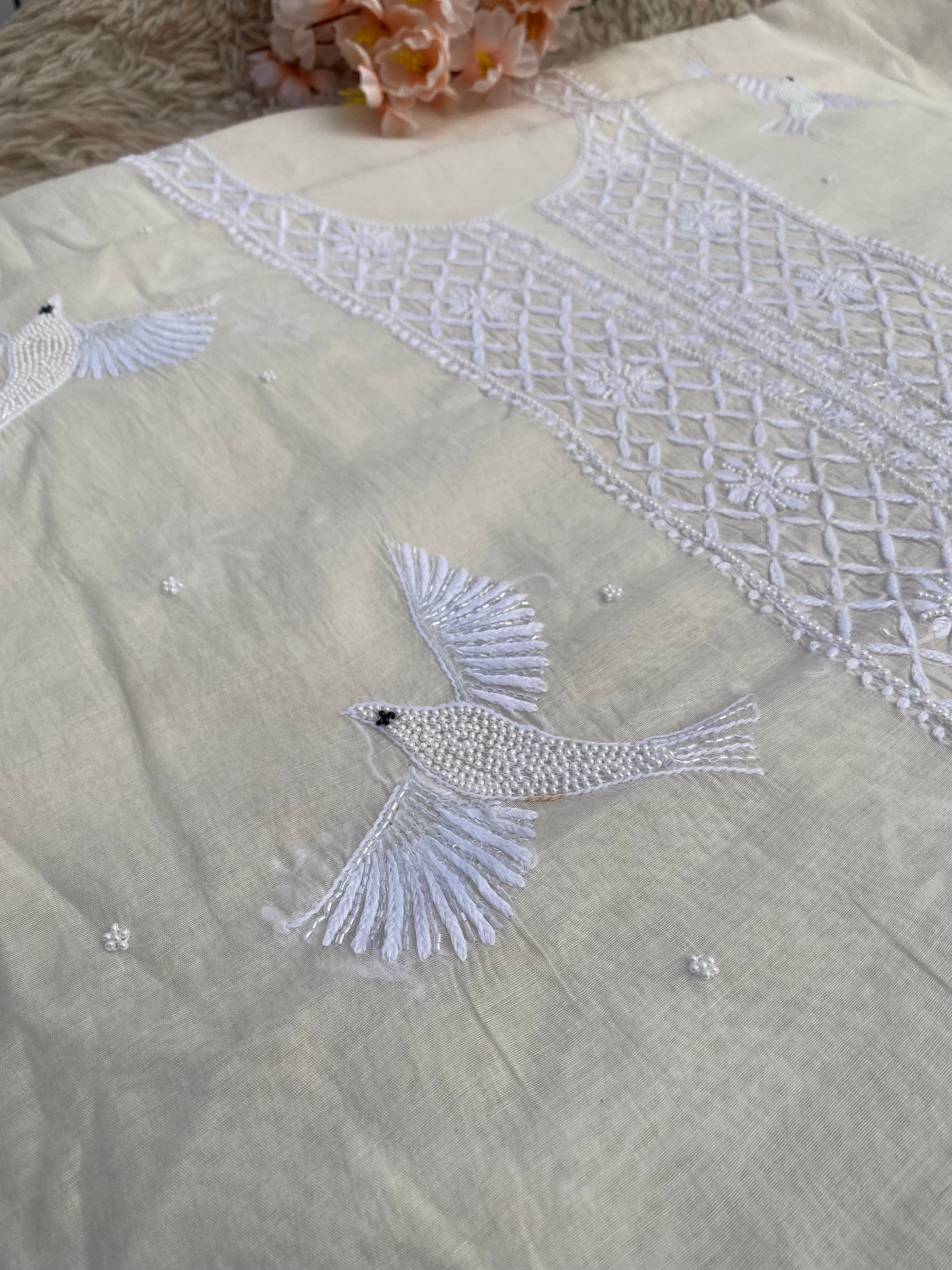 WHITE MUL CHANDERI UNSTITCHED KURTI WITH DUPATTA SET