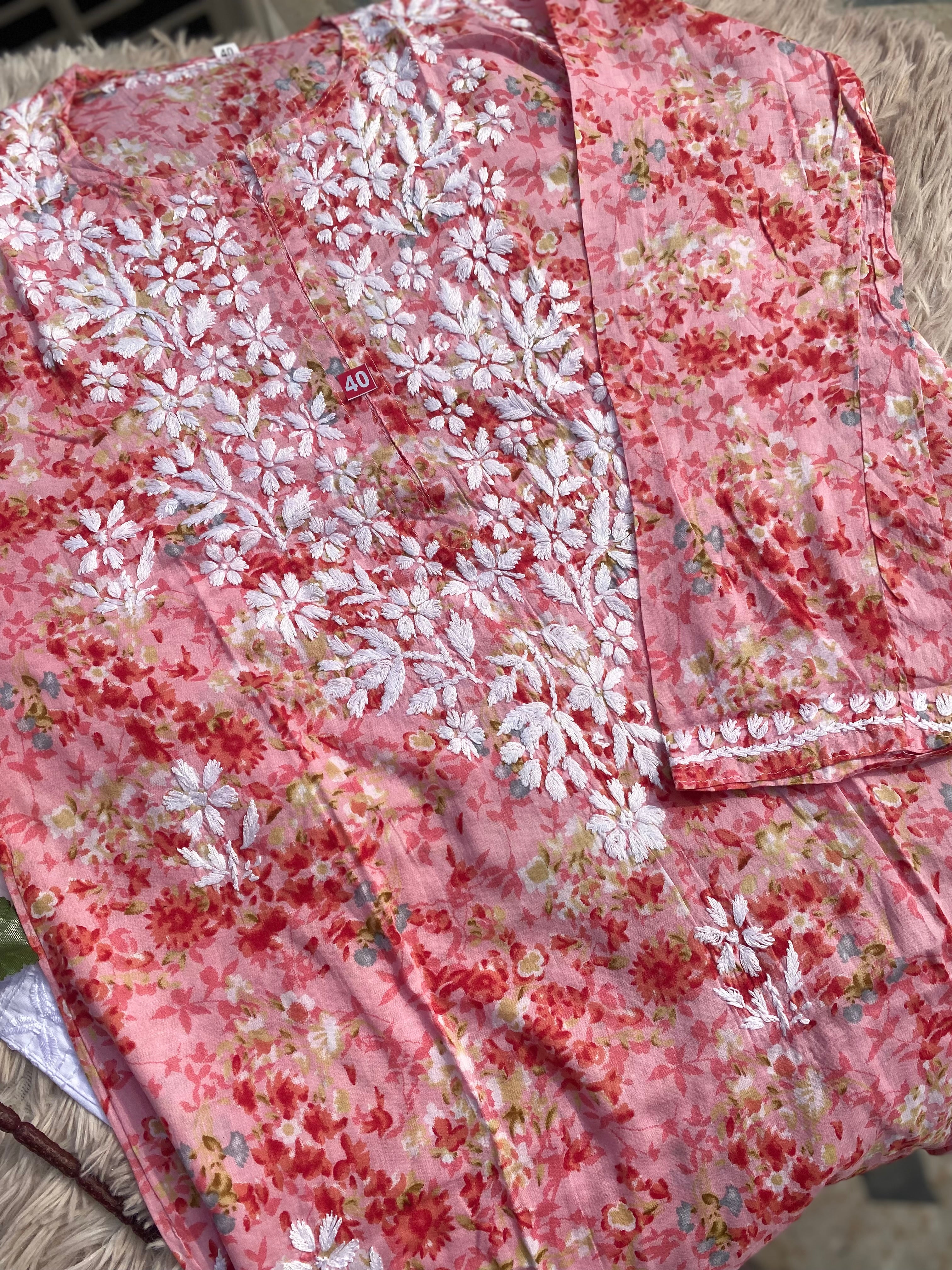 NETRA PRINTED CHIKANKARI SET CARROT RED