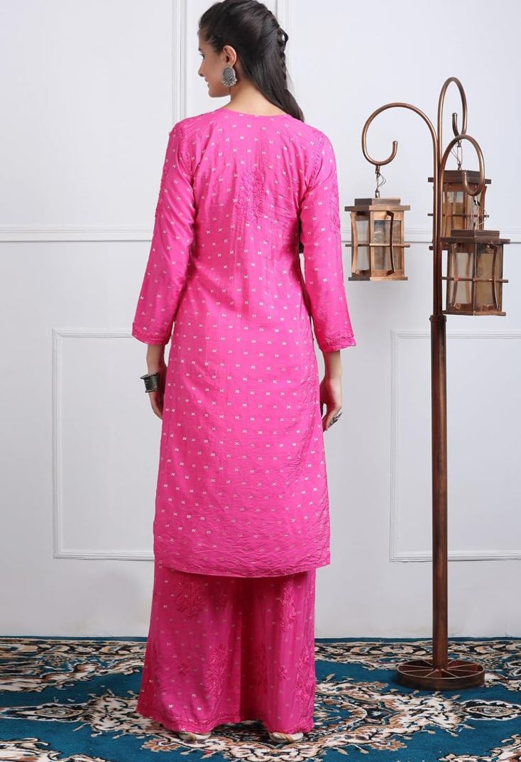 CHANDERI PREMIUM-PINK CHIKANKARI SET