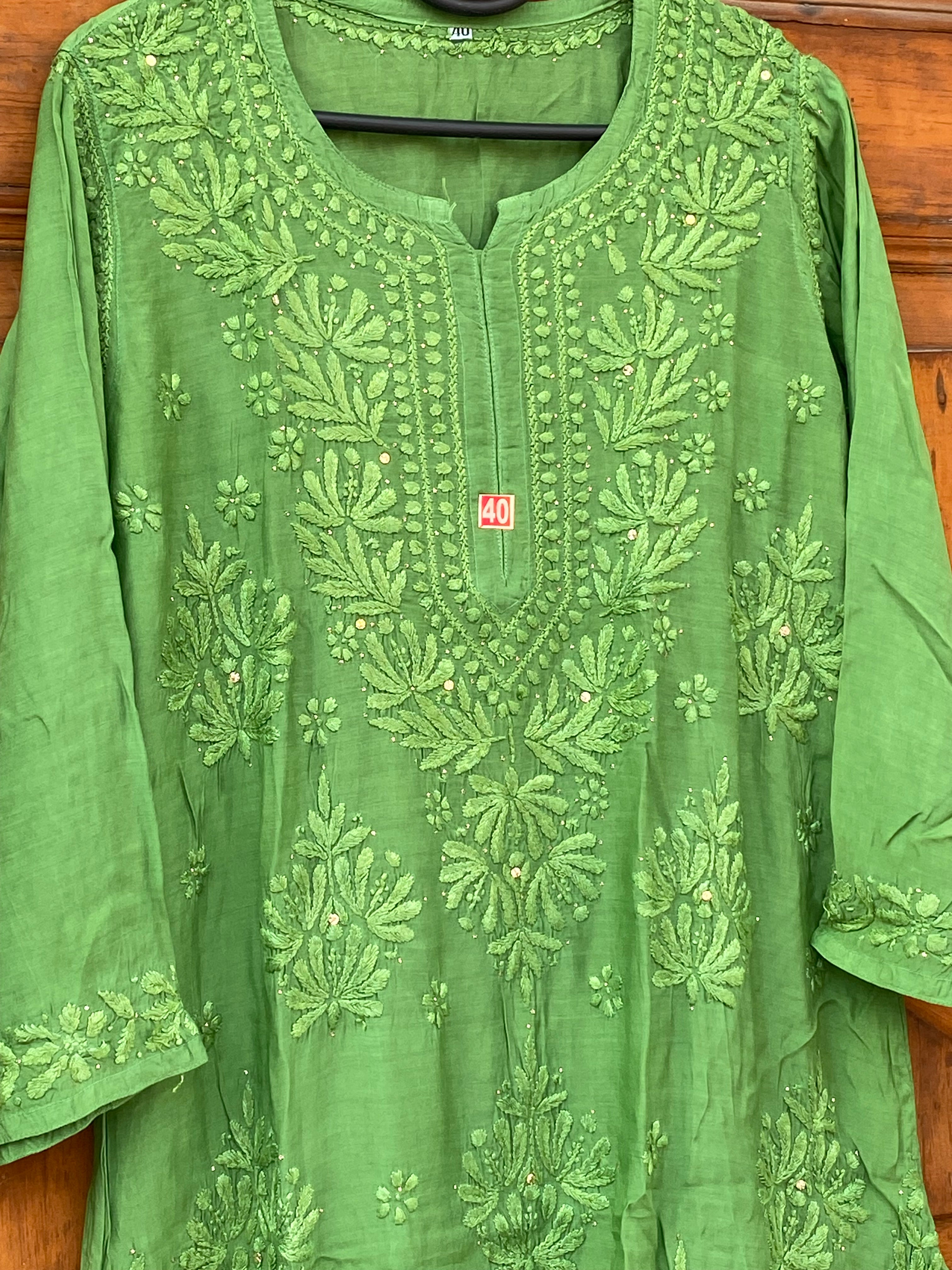 INAYA 3D WORK MUKESH SILK KURTI GREEN