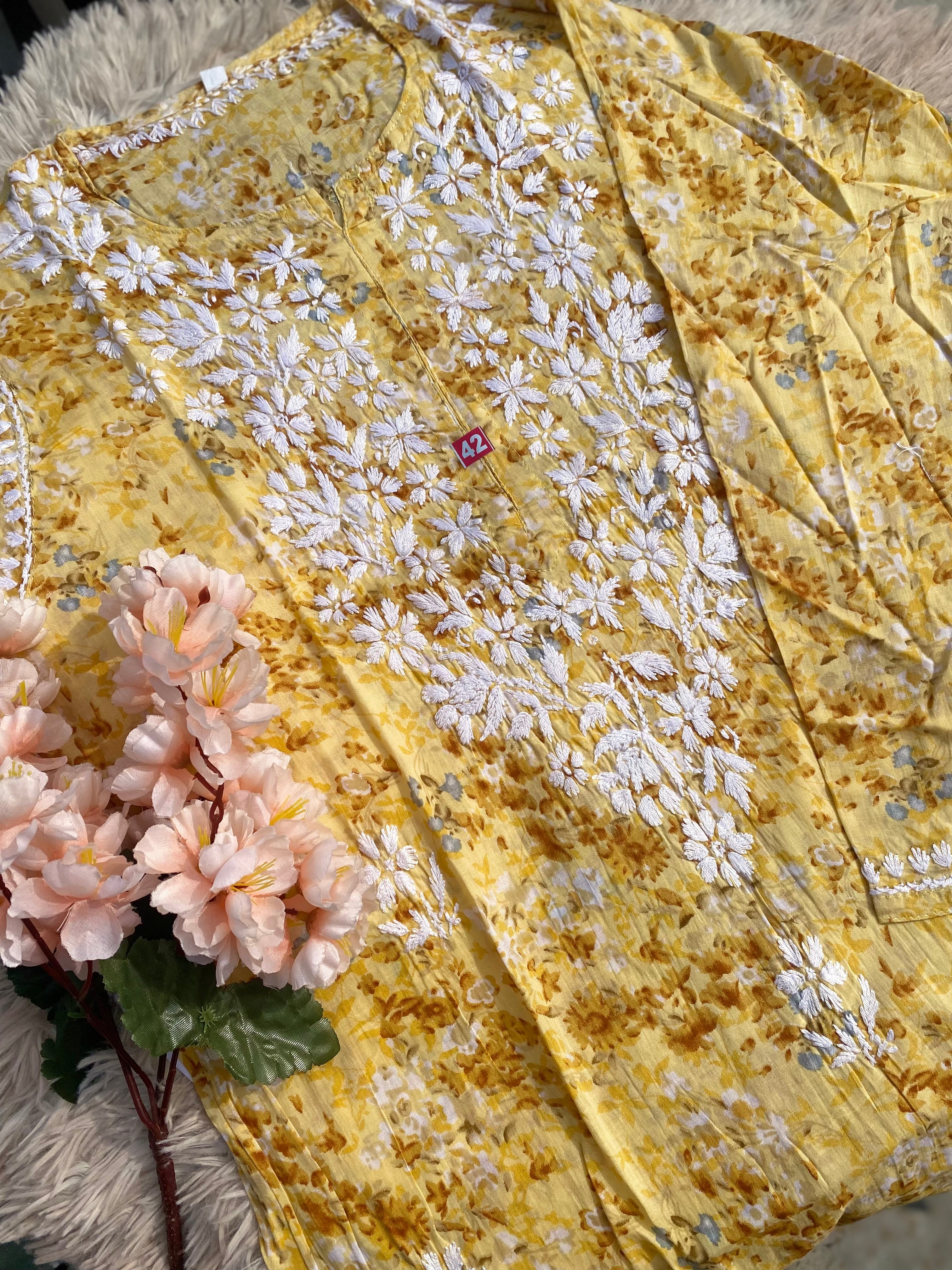 NETRA PRINTED CHIKANKARI SET YELLOW