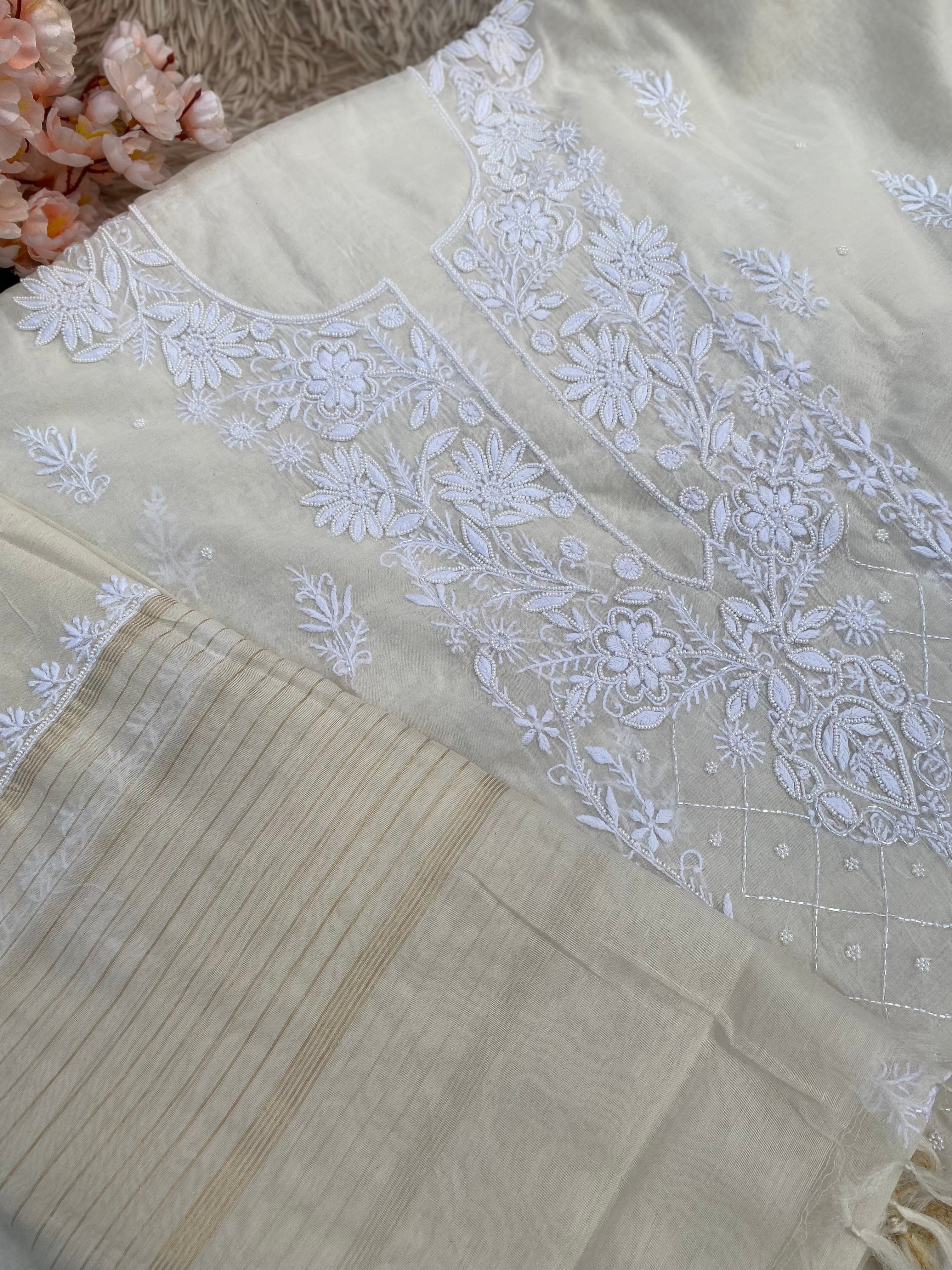 WHITE MUL CHANDERI UNSTITCHED KURTI WITH DUPATTA SET