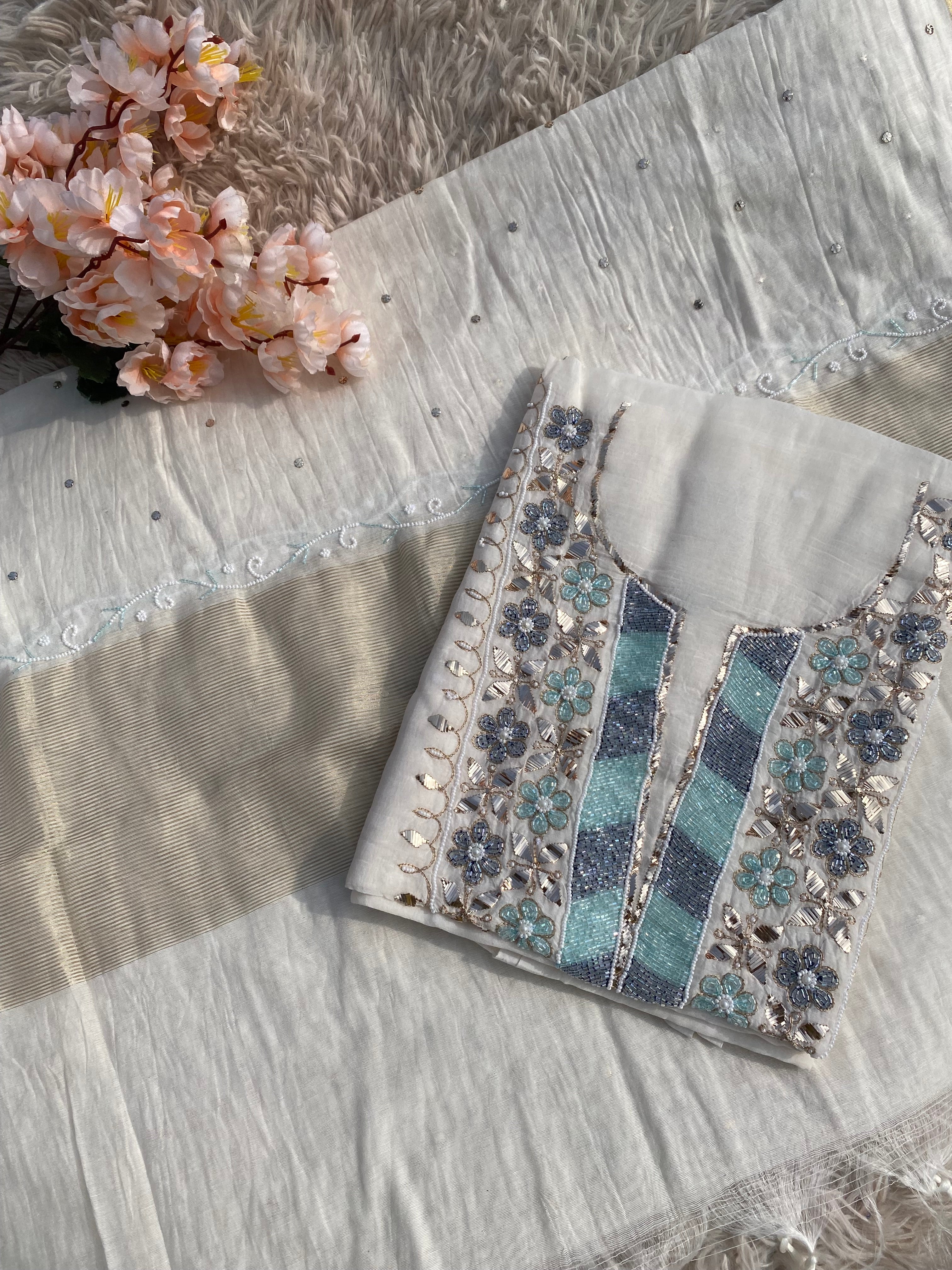 Mul Chanderi Chikankari Suit with Mukaish & Cutdana Hand Embroidery