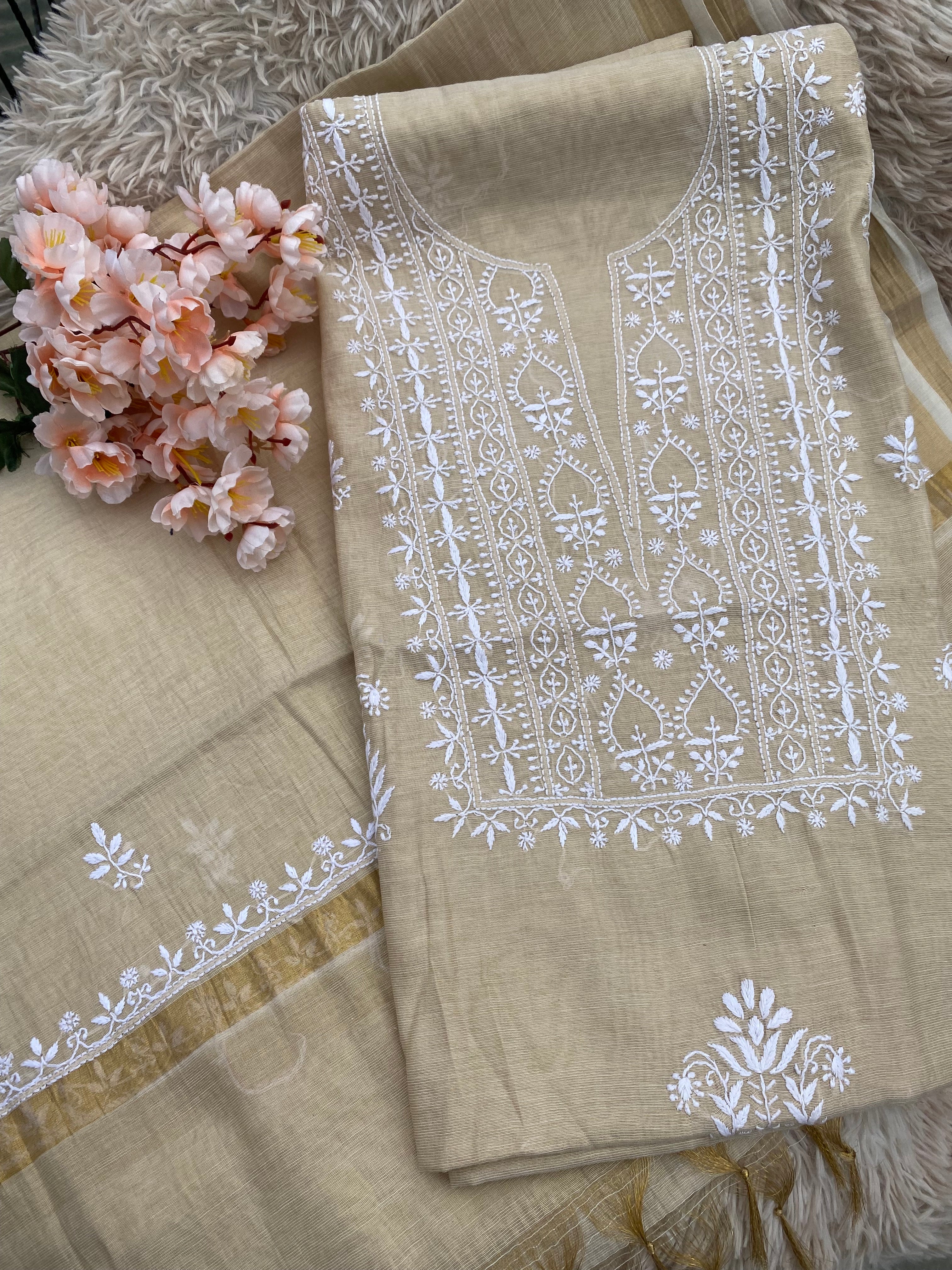 Beige UnStitched Tissue Silk Kurti Piece with Dupatta