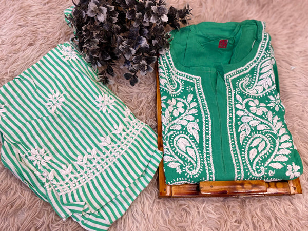 REKHA CHIKANKARI SET DARK GREEN