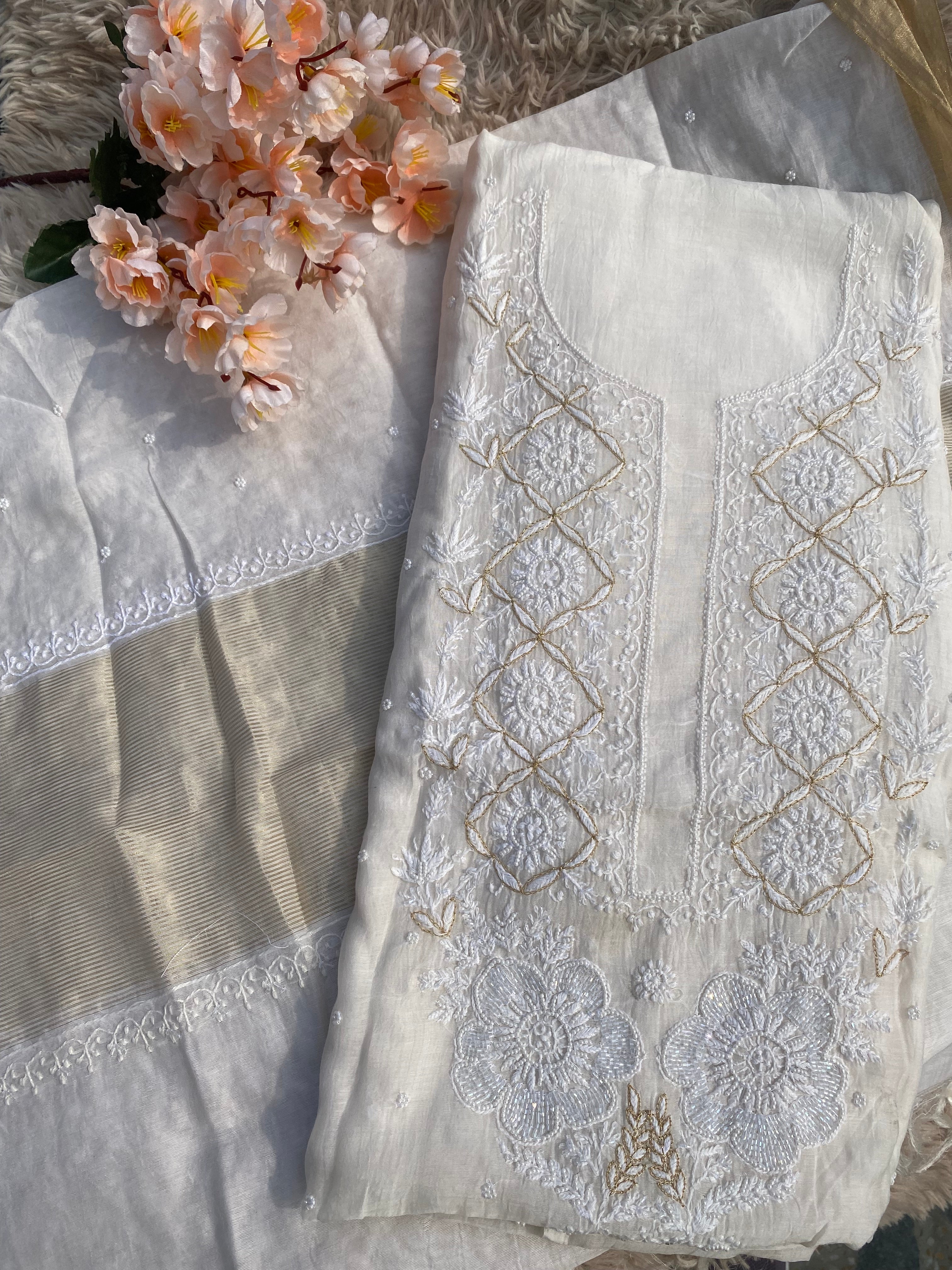 White Mul Chanderi Chikankari Kurti Set with Gold Hand Embroidery & Zari Dupatta