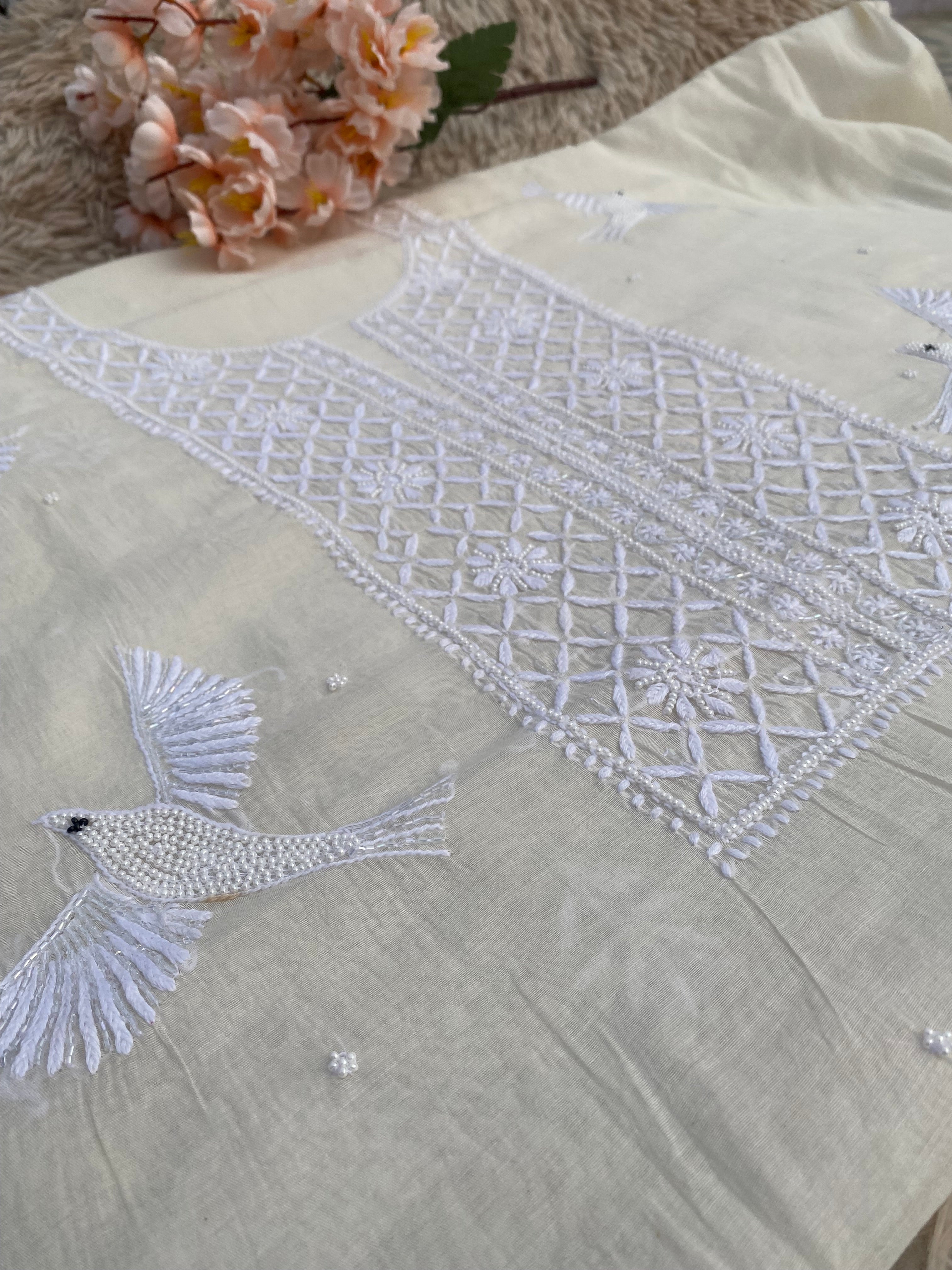 WHITE MUL CHANDERI UNSTITCHED KURTI WITH DUPATTA SET