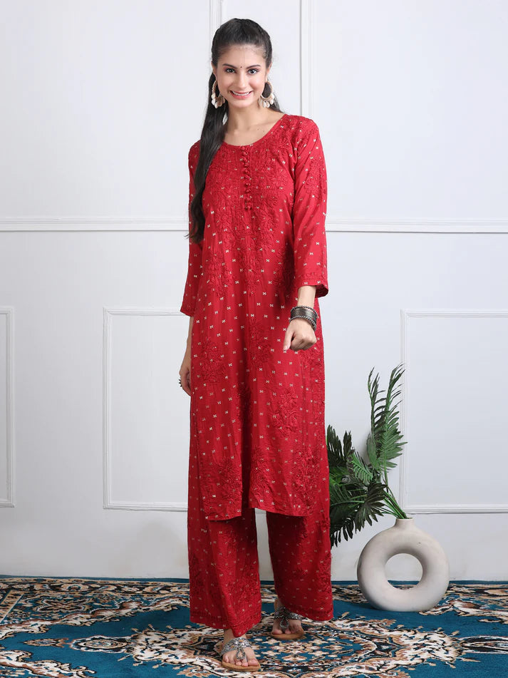 CHANDERI PREMIUM-CHERRY RED CHIKANKARI SET