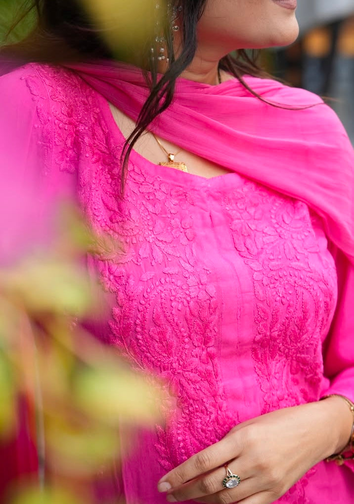 GUNJAN REYON 3PC CHIKANKARI SETS PINK