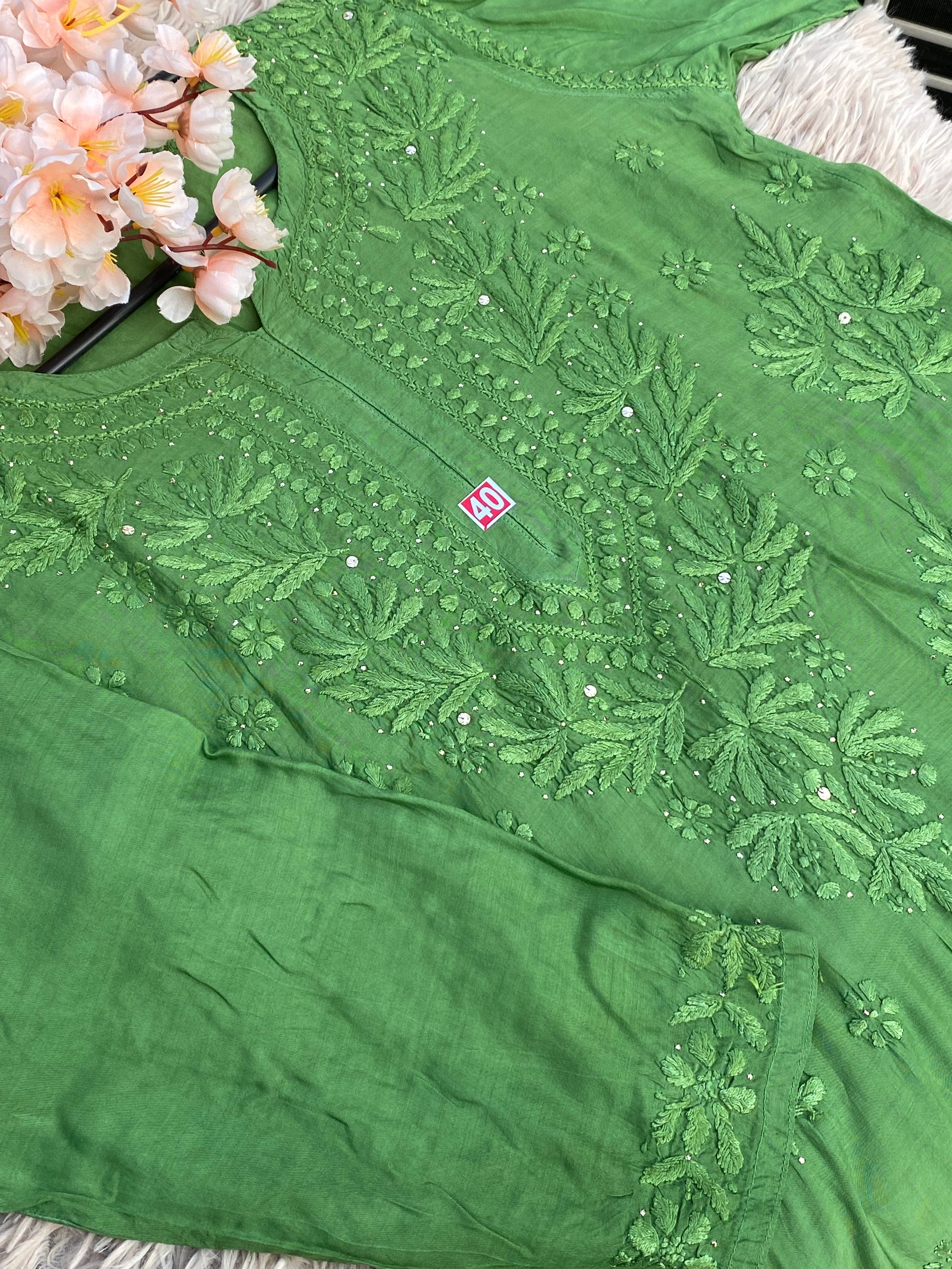 INAYA 3D WORK MUKESH SILK KURTI GREEN