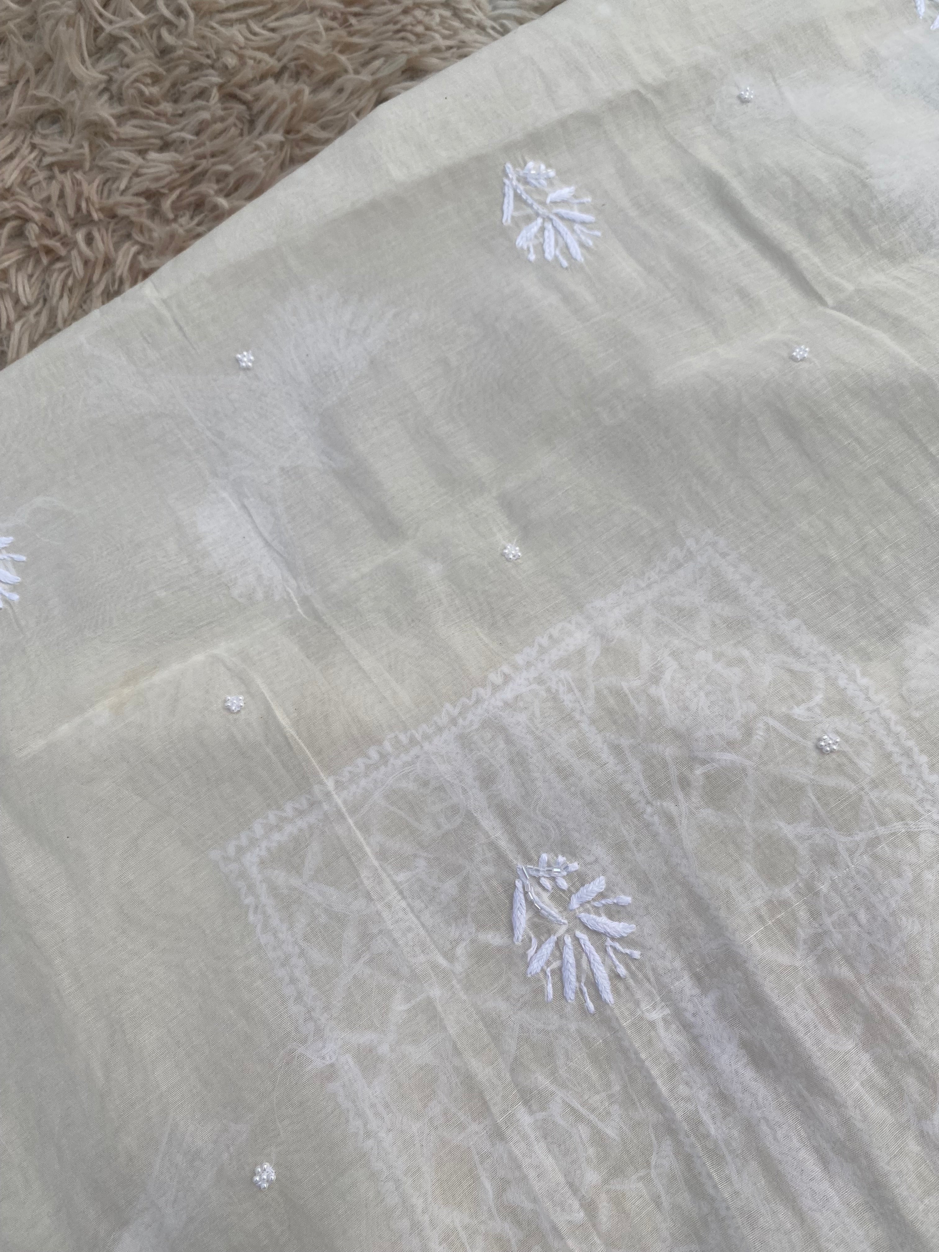 WHITE MUL CHANDERI UNSTITCHED KURTI WITH DUPATTA SET