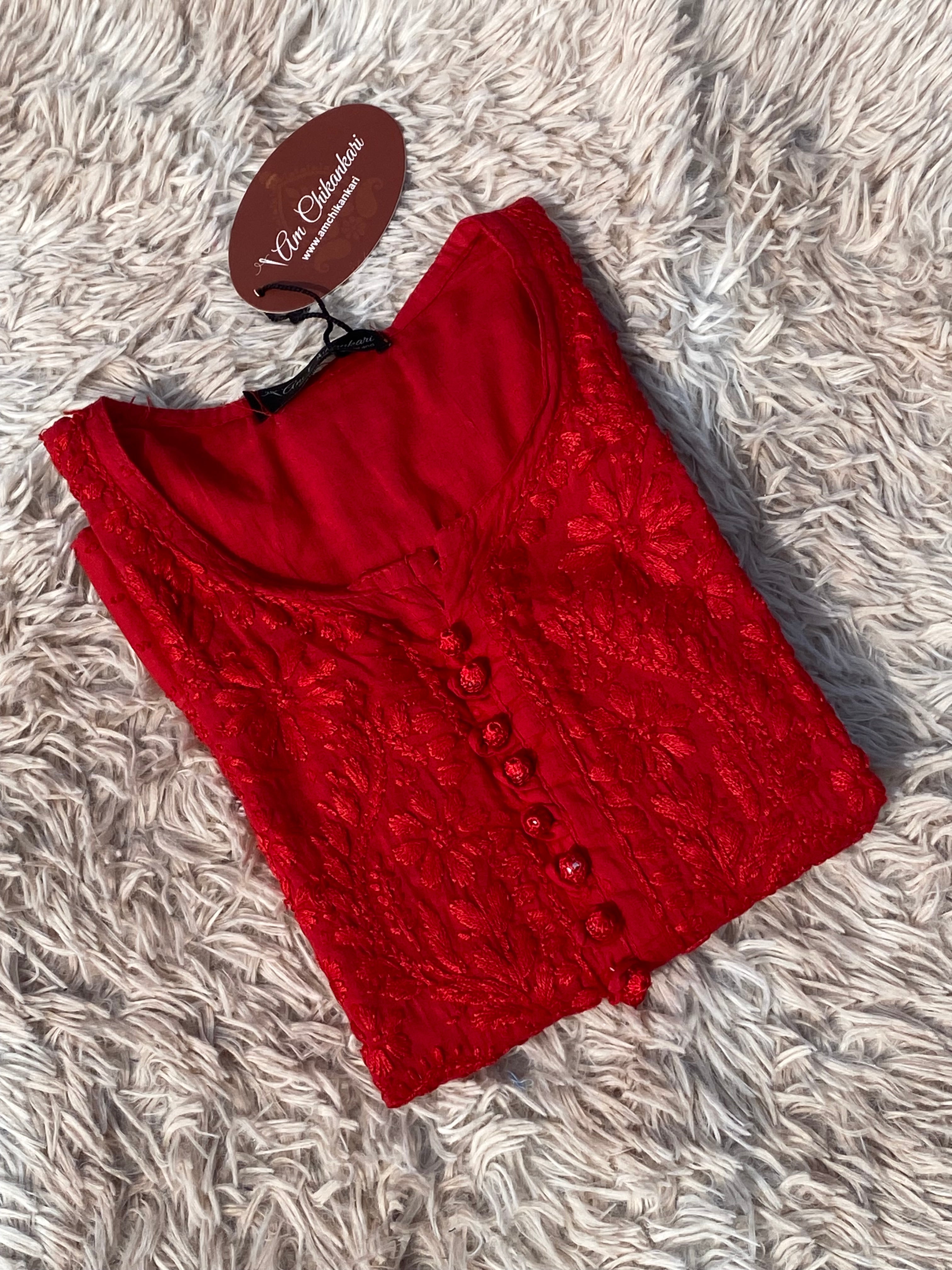 RED DOBBY COTTON CHIKANKARI KURTI