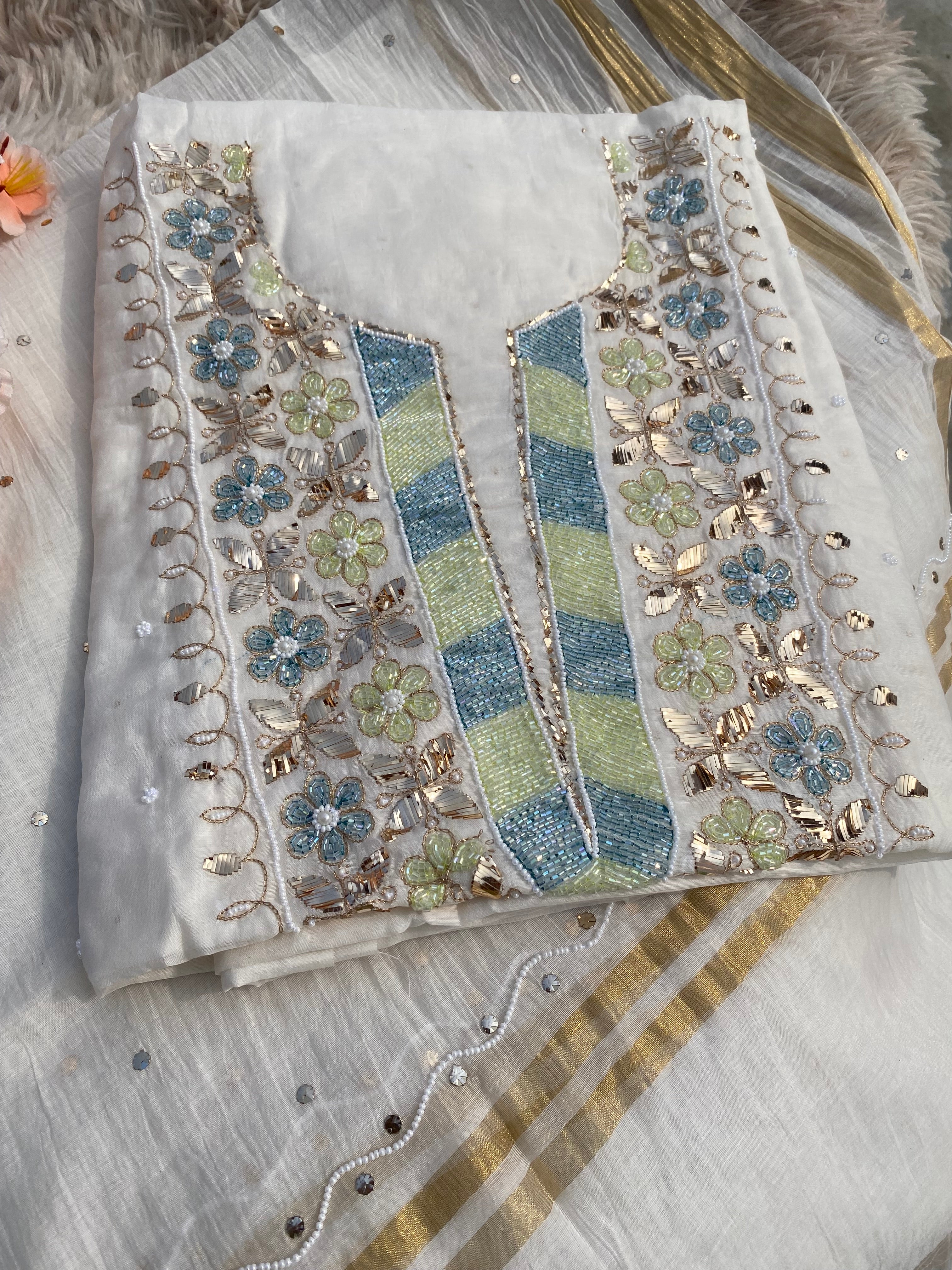 Mul Chanderi Chikankari Suit with Mukaish & Cutdana Hand Embroidery