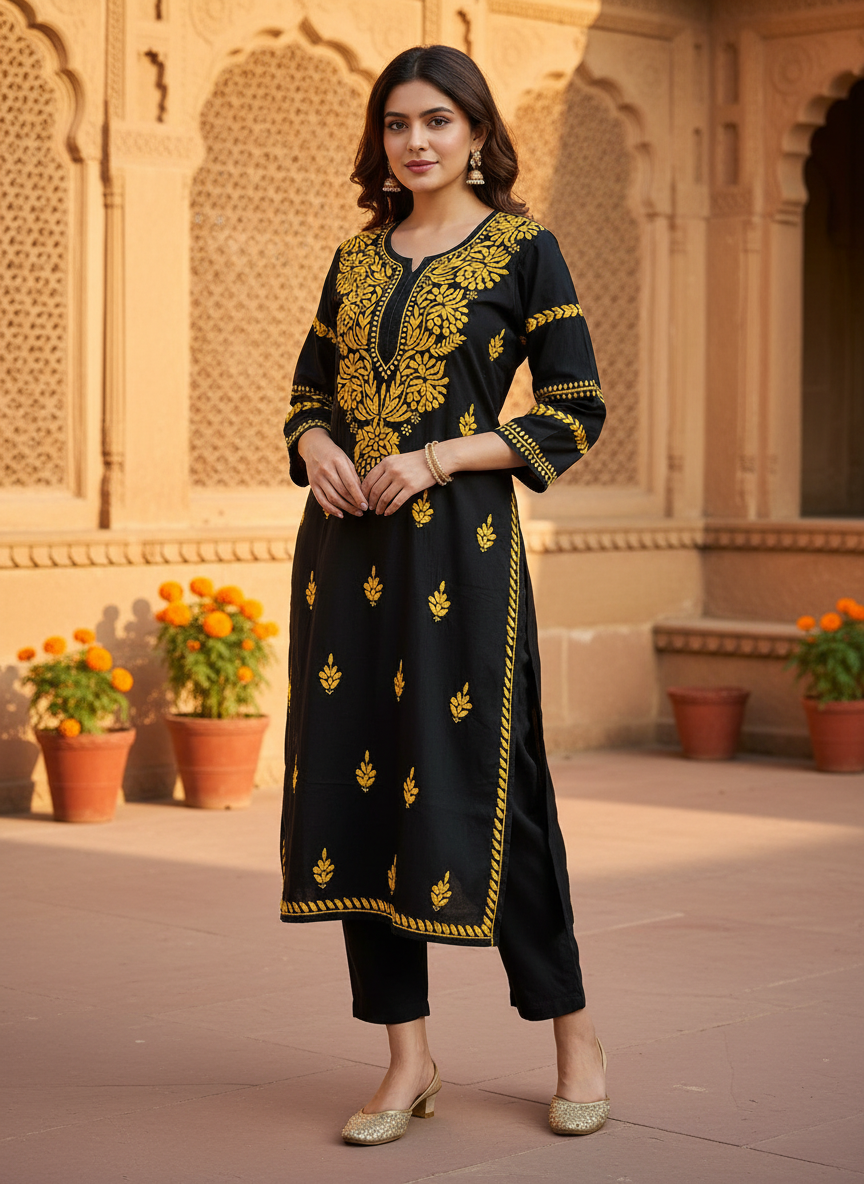 TRENDING CHIKANKARI EMBROIDED KURTI YELLOW
