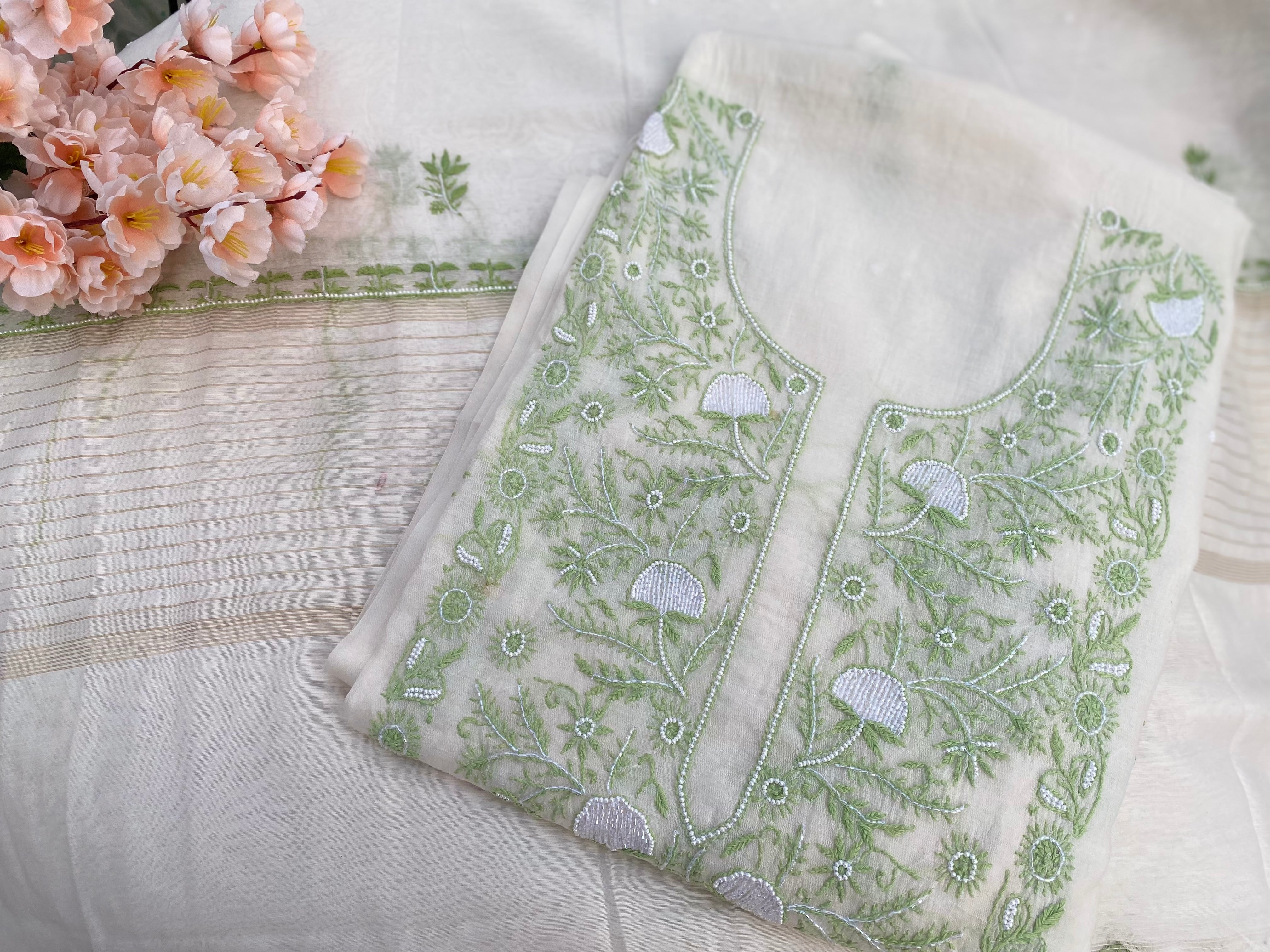 WHITE WITH GREEN MUL CHANDERI UNSTITCHED KURTI WITH DUPATTA SET