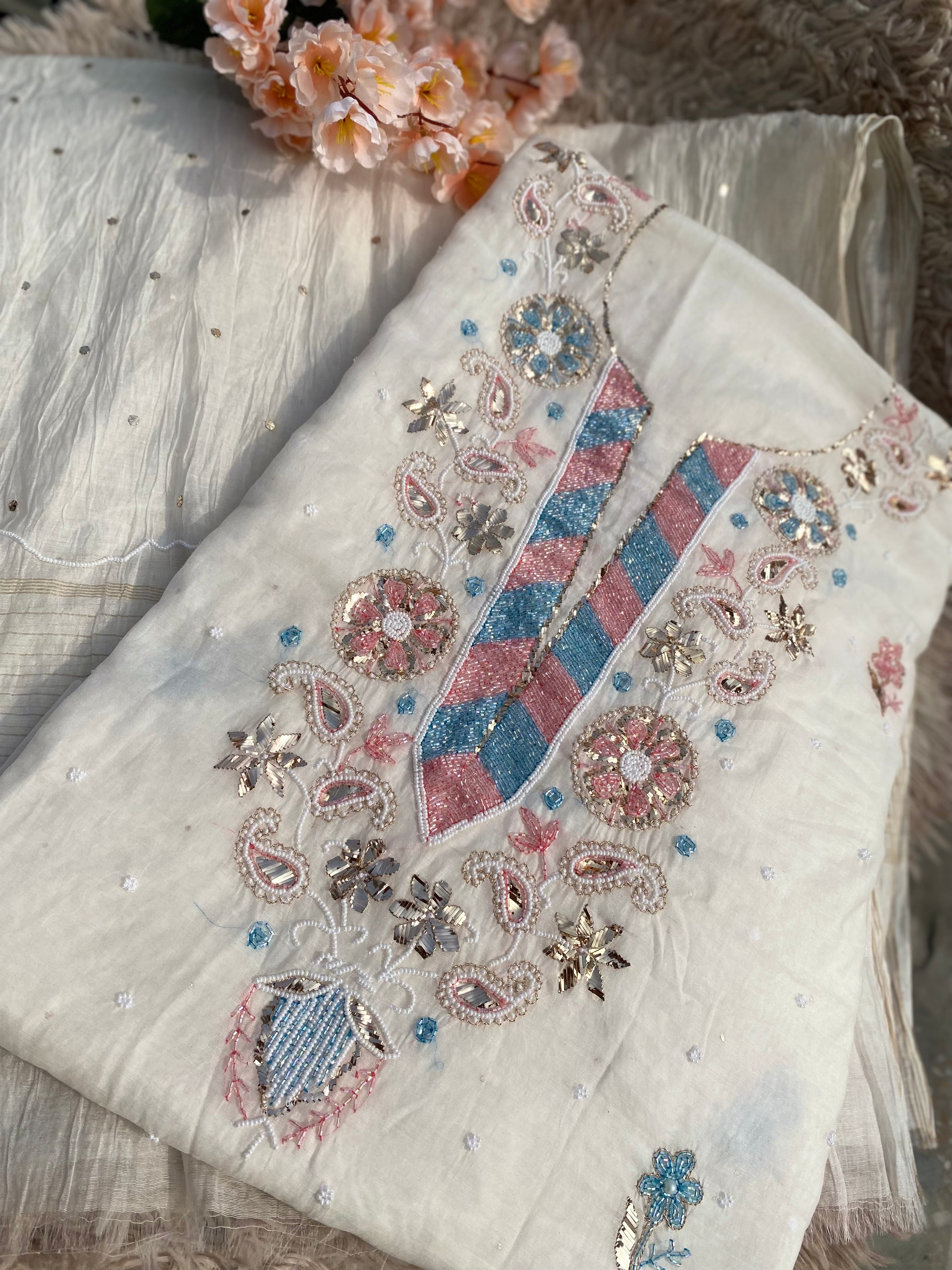 Mul Chanderi Chikankari Suit with Mukaish & Cutdana Hand Embroidery