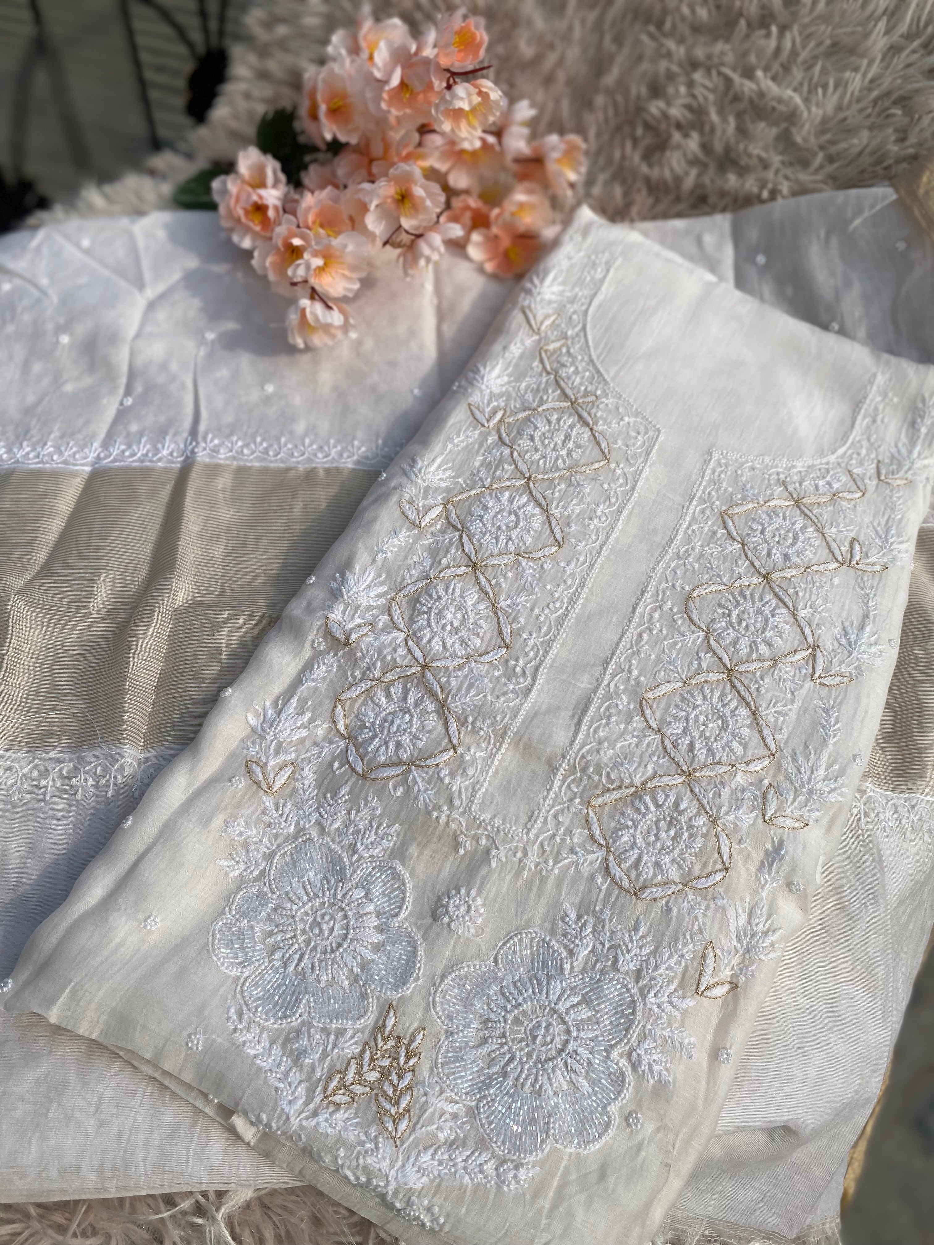 White Mul Chanderi Chikankari Kurti Set with Gold Hand Embroidery & Zari Dupatta