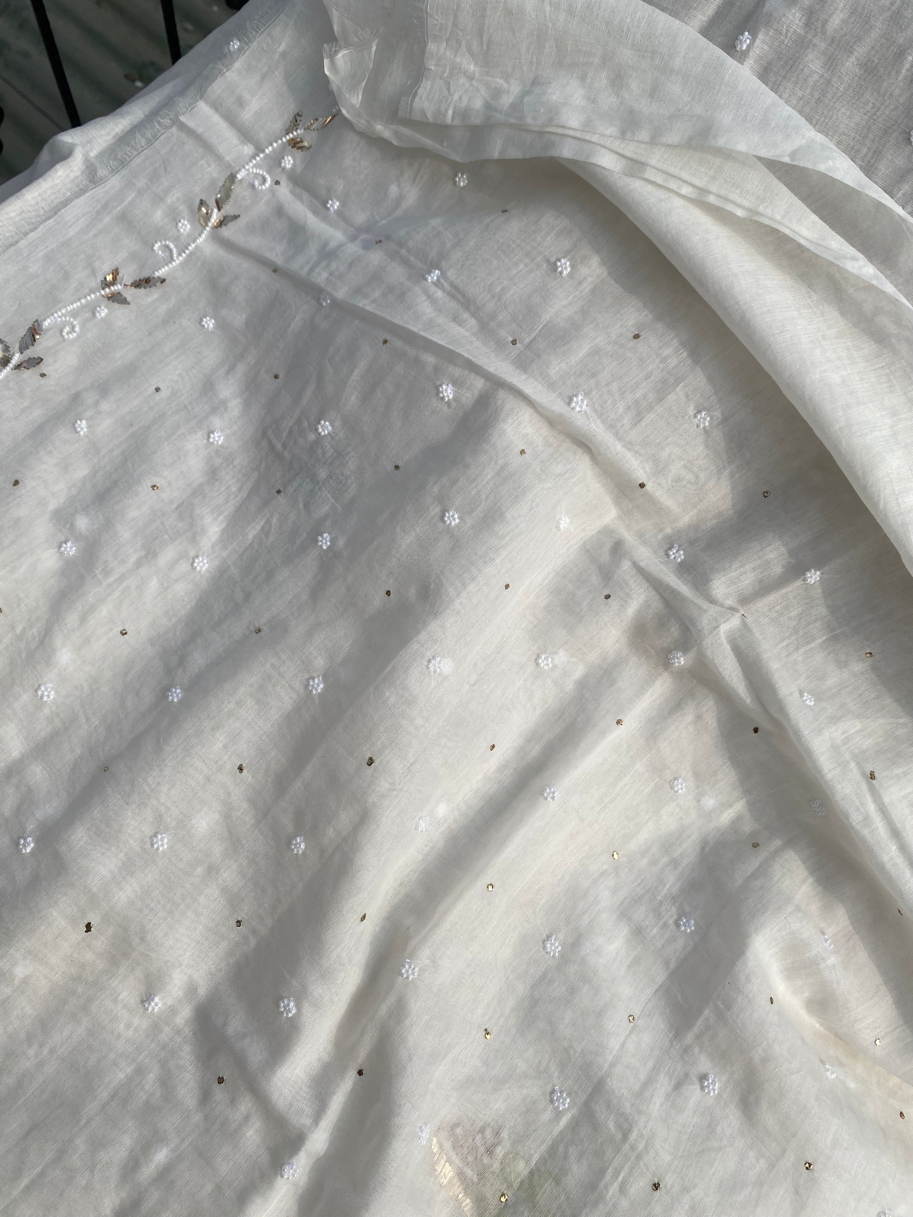 White Mul Chanderi Chikankari Kurti Set with Gold Hand Embroidery & Zari Dupatta