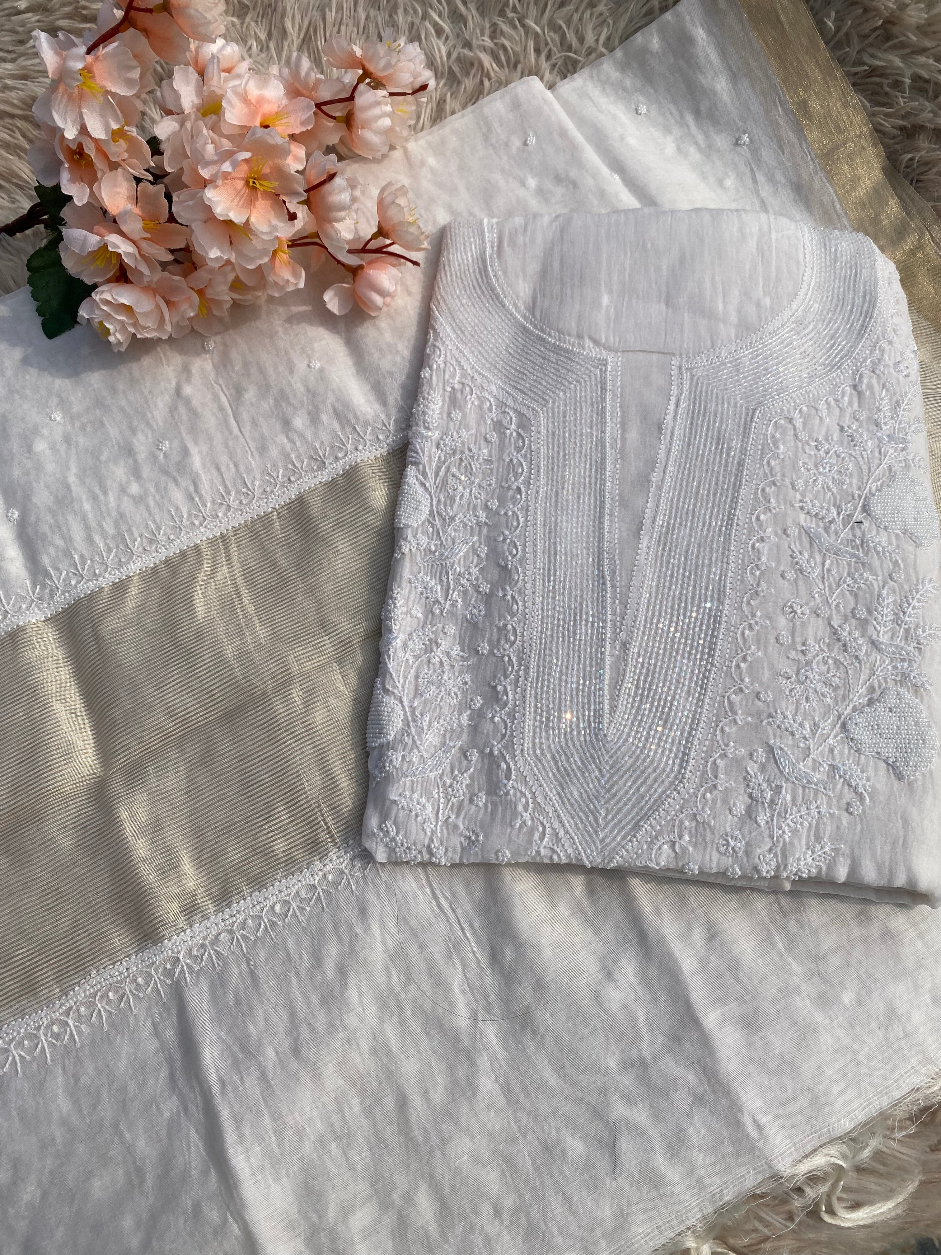 White Mul Chanderi Chikankari Kurti Set with Mukaish Work & Zari Dupatta