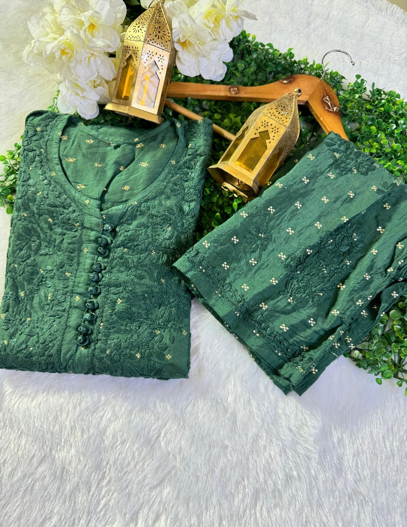 CHANDERI PREMIUM-BOTTLE GREEN CHIKANKARI SET