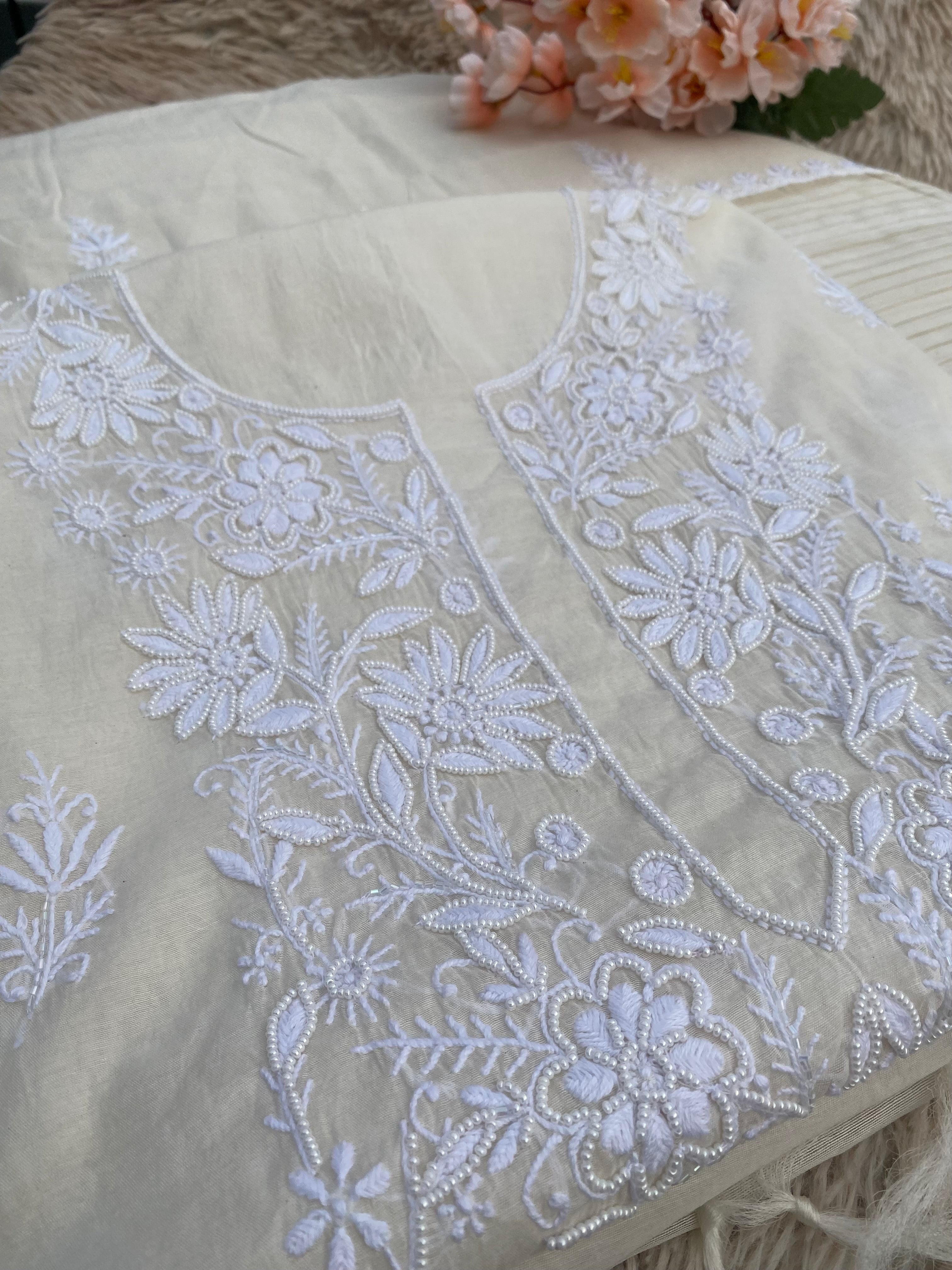 WHITE MUL CHANDERI UNSTITCHED KURTI WITH DUPATTA SET