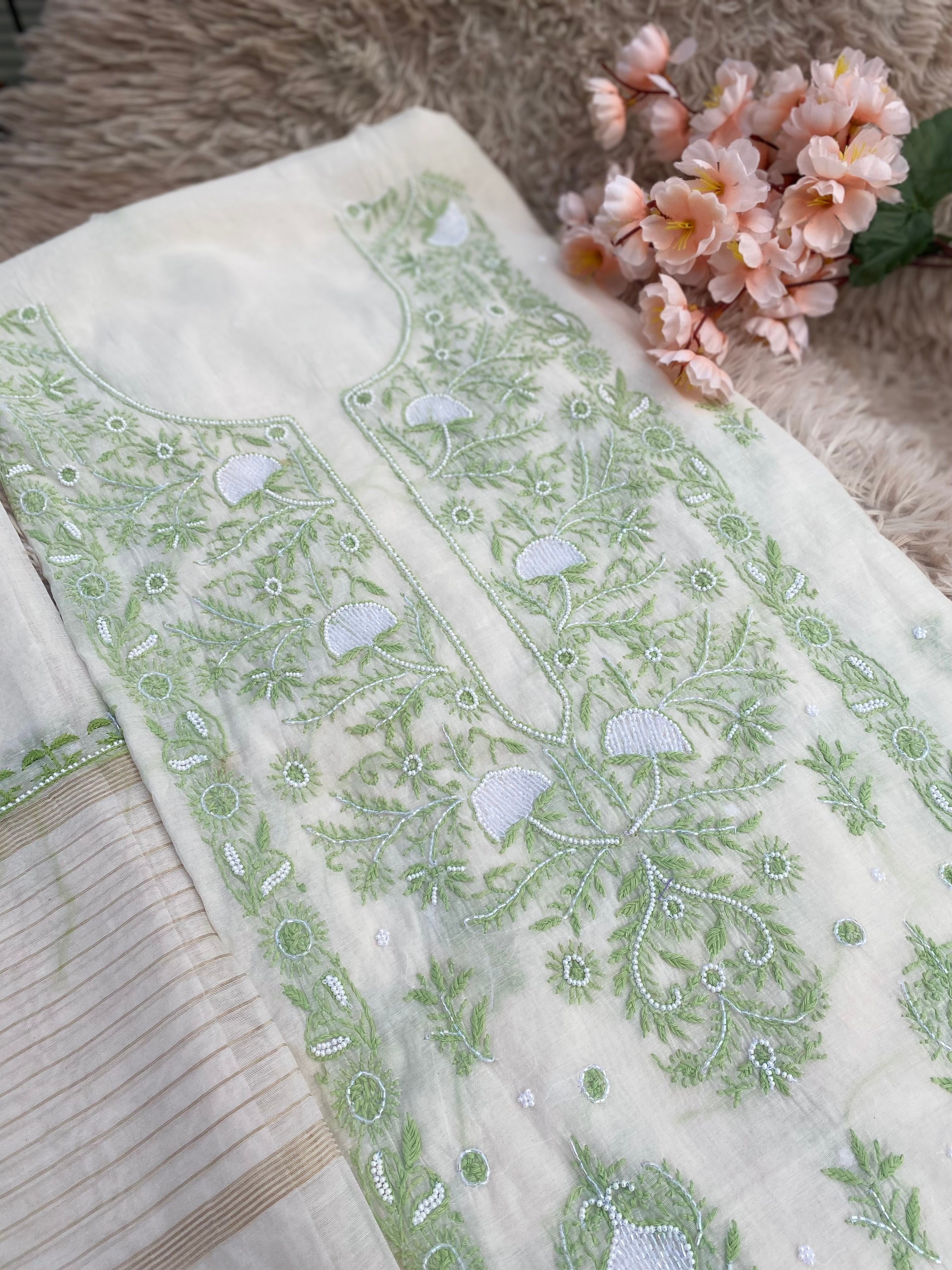 WHITE WITH GREEN MUL CHANDERI UNSTITCHED KURTI WITH DUPATTA SET