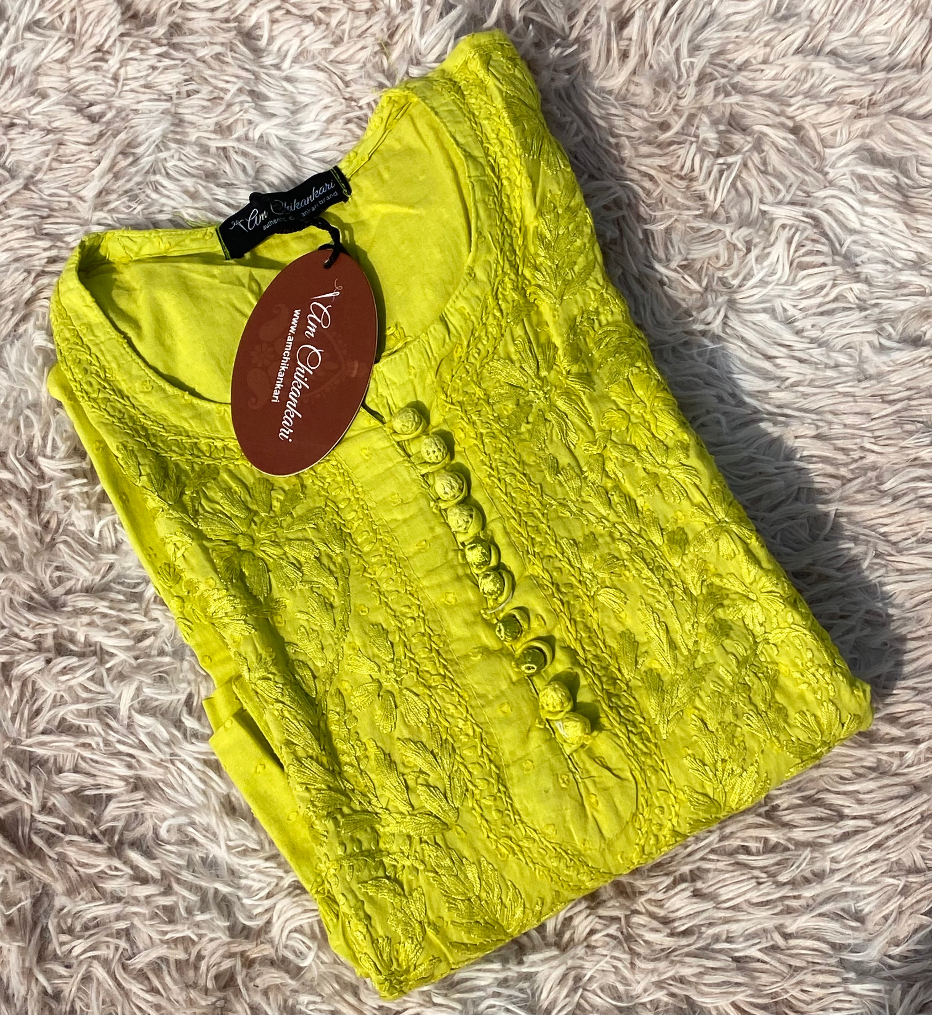 NEON GREEN DOBBY COTTON CHIKANKARI KURTI