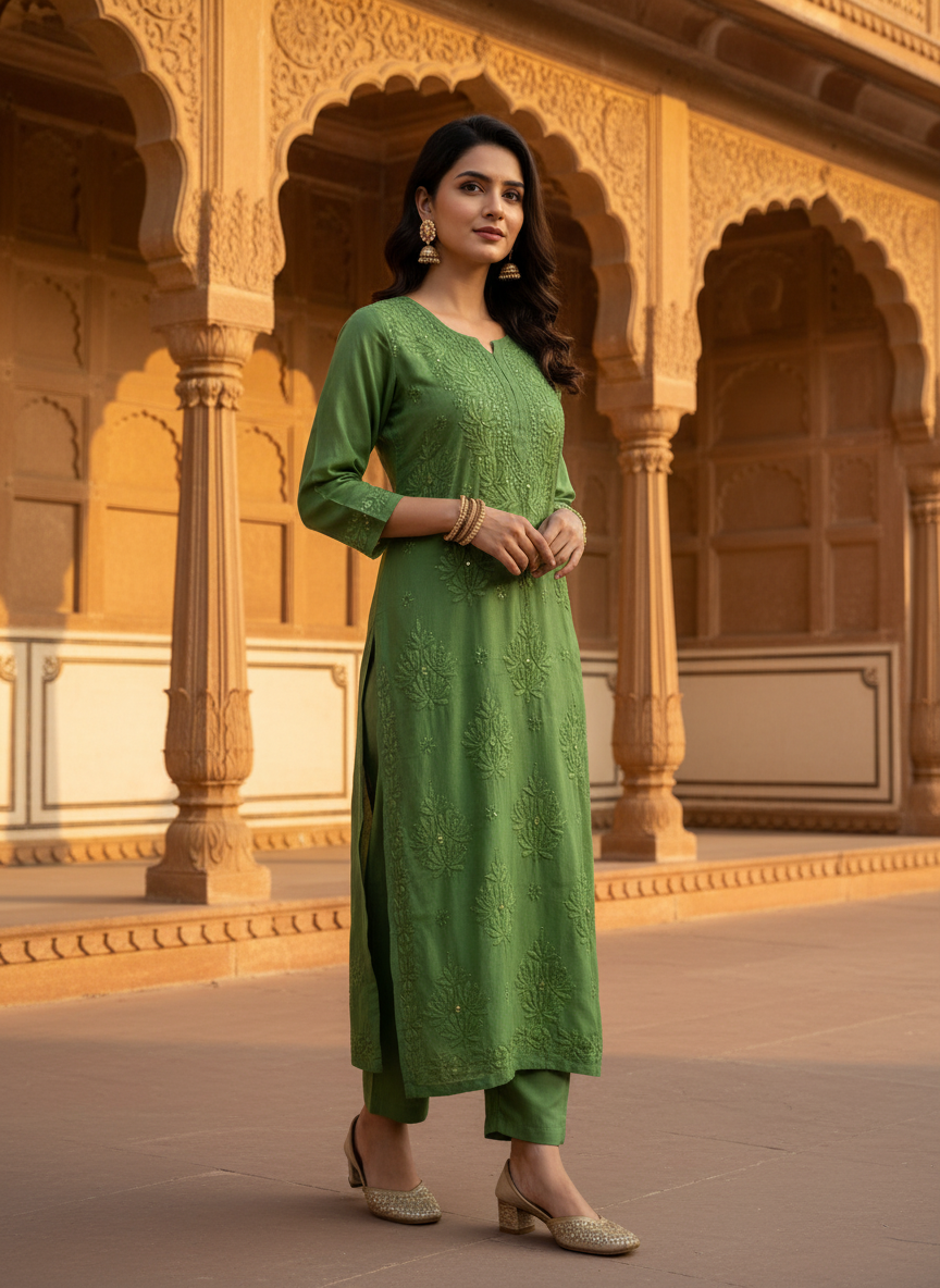 INAYA 3D WORK MUKESH SILK KURTI GREEN