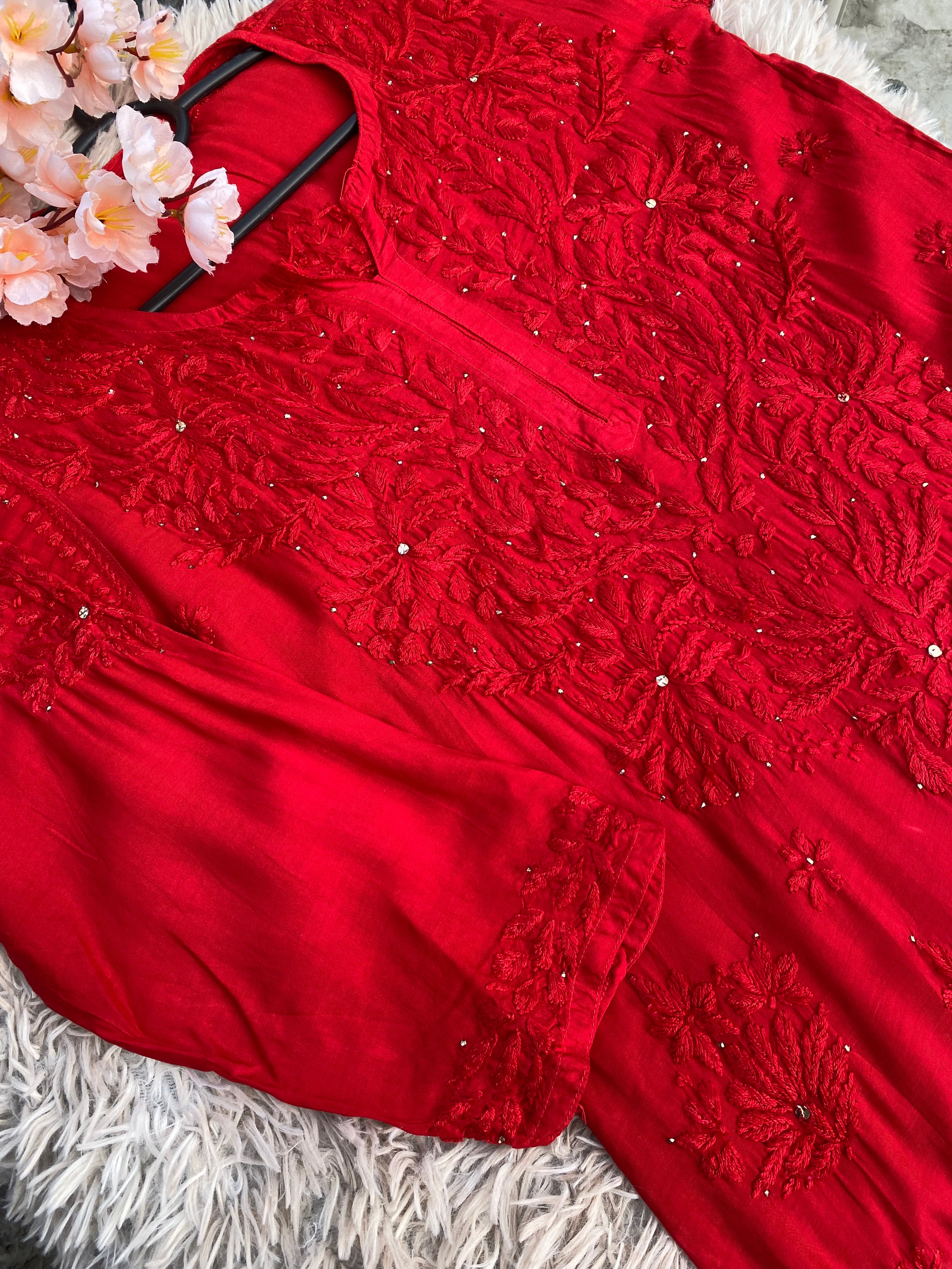 INAYA 3D WORK MUKESH SILK KURTI RED