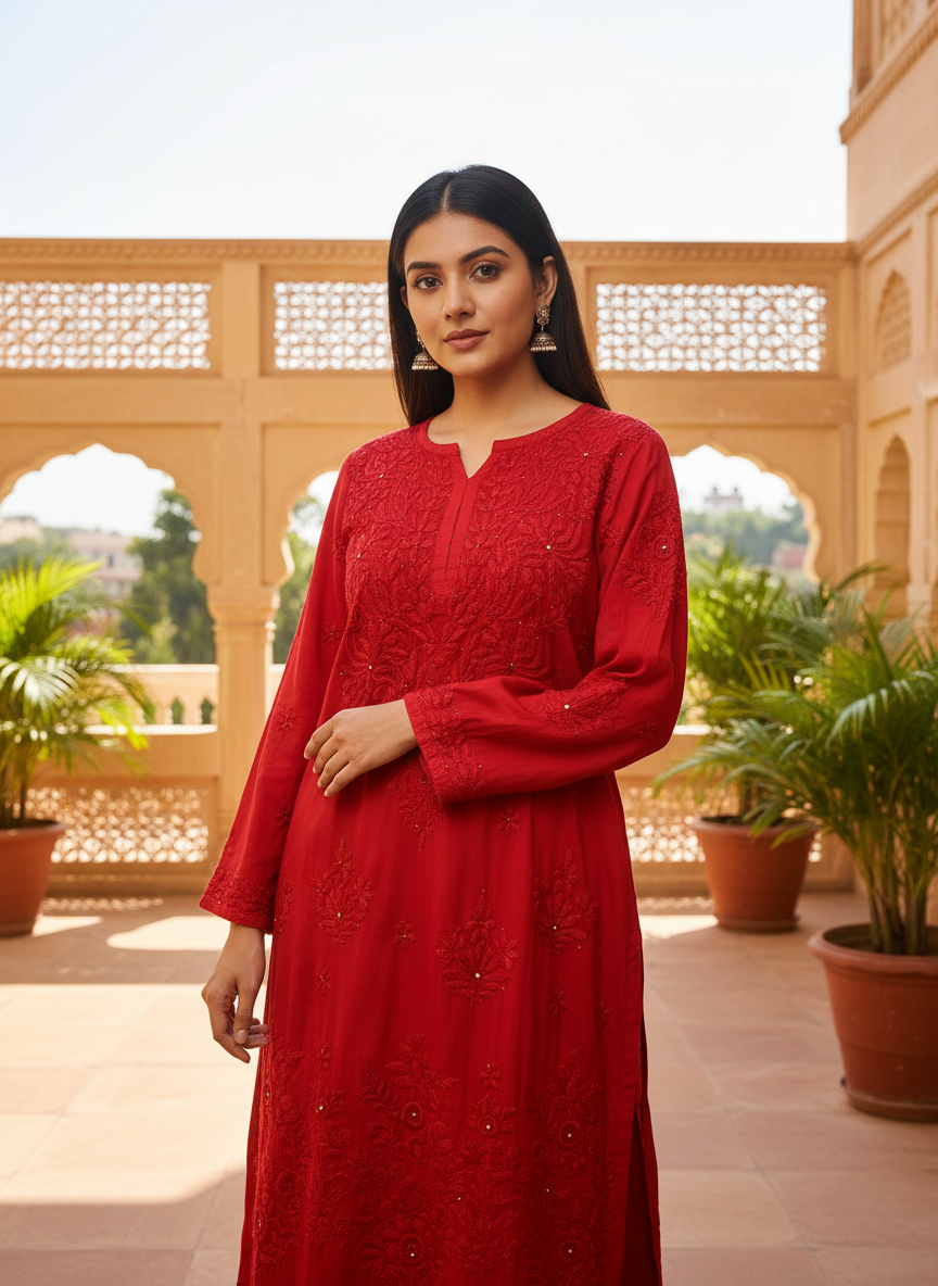 INAYA 3D WORK MUKESH SILK KURTI RED