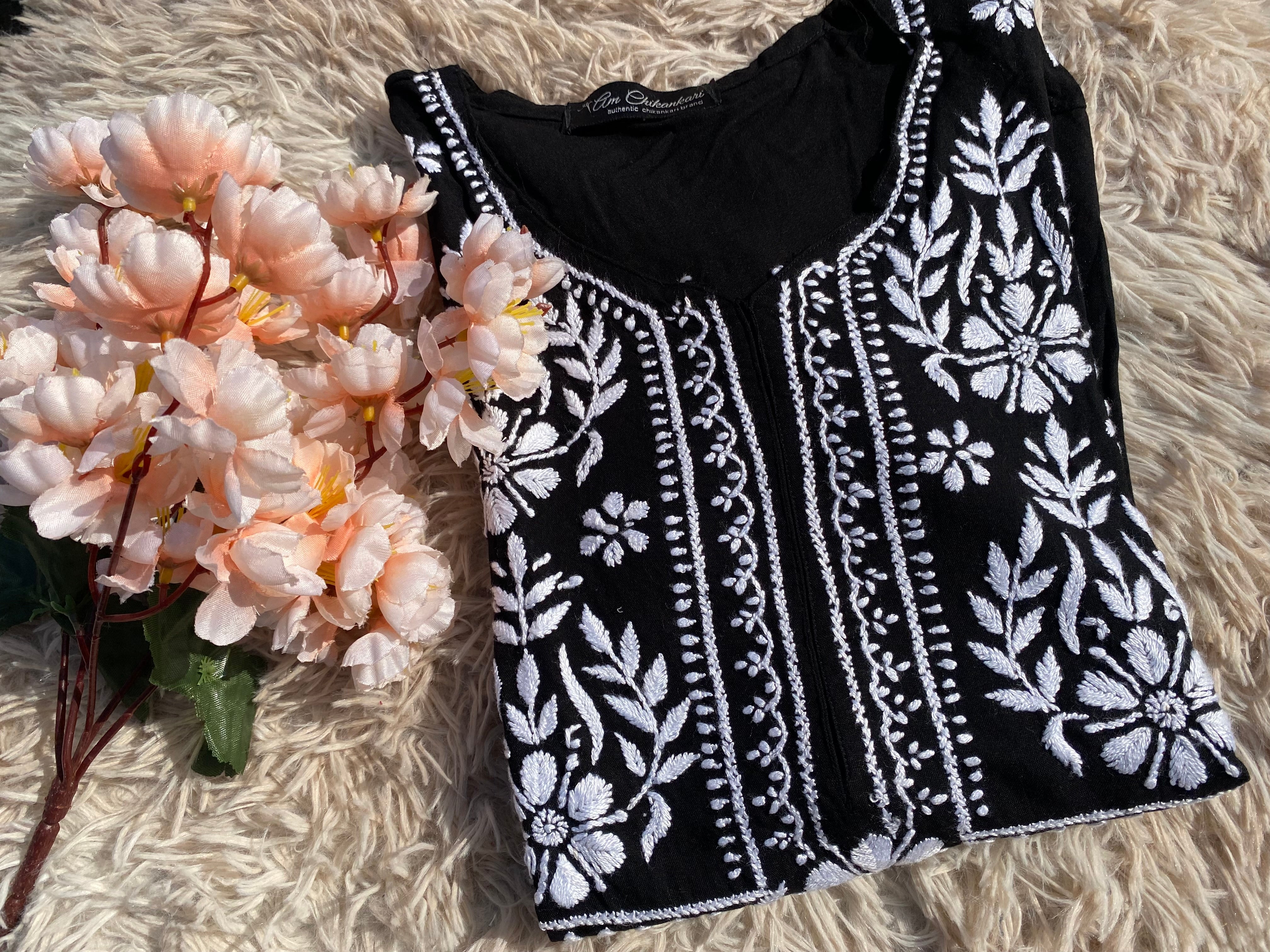 BLACK REYON CHIKANKARI KURTI