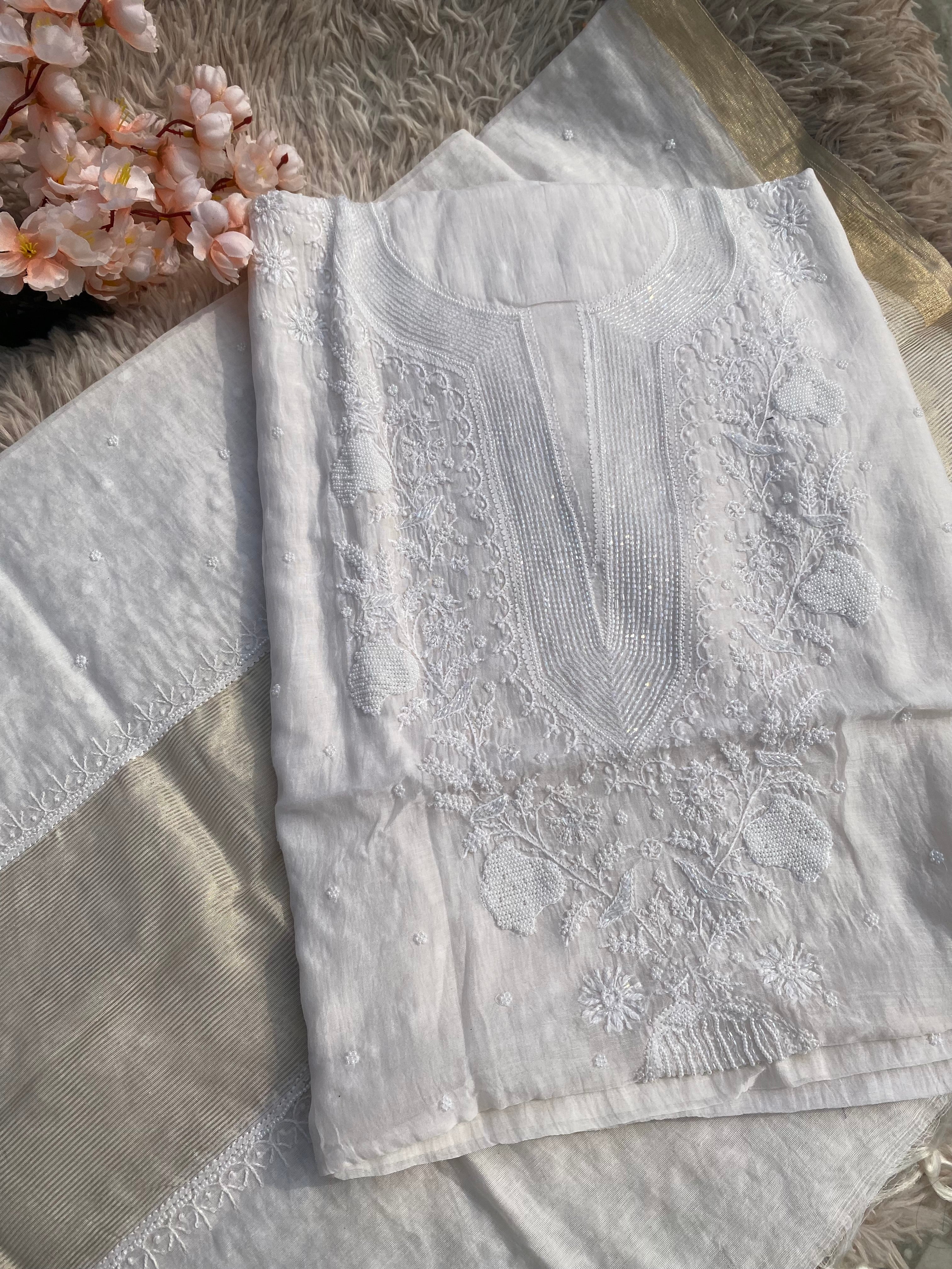 White Mul Chanderi Chikankari Kurti Set with Mukaish Work & Zari Dupatta
