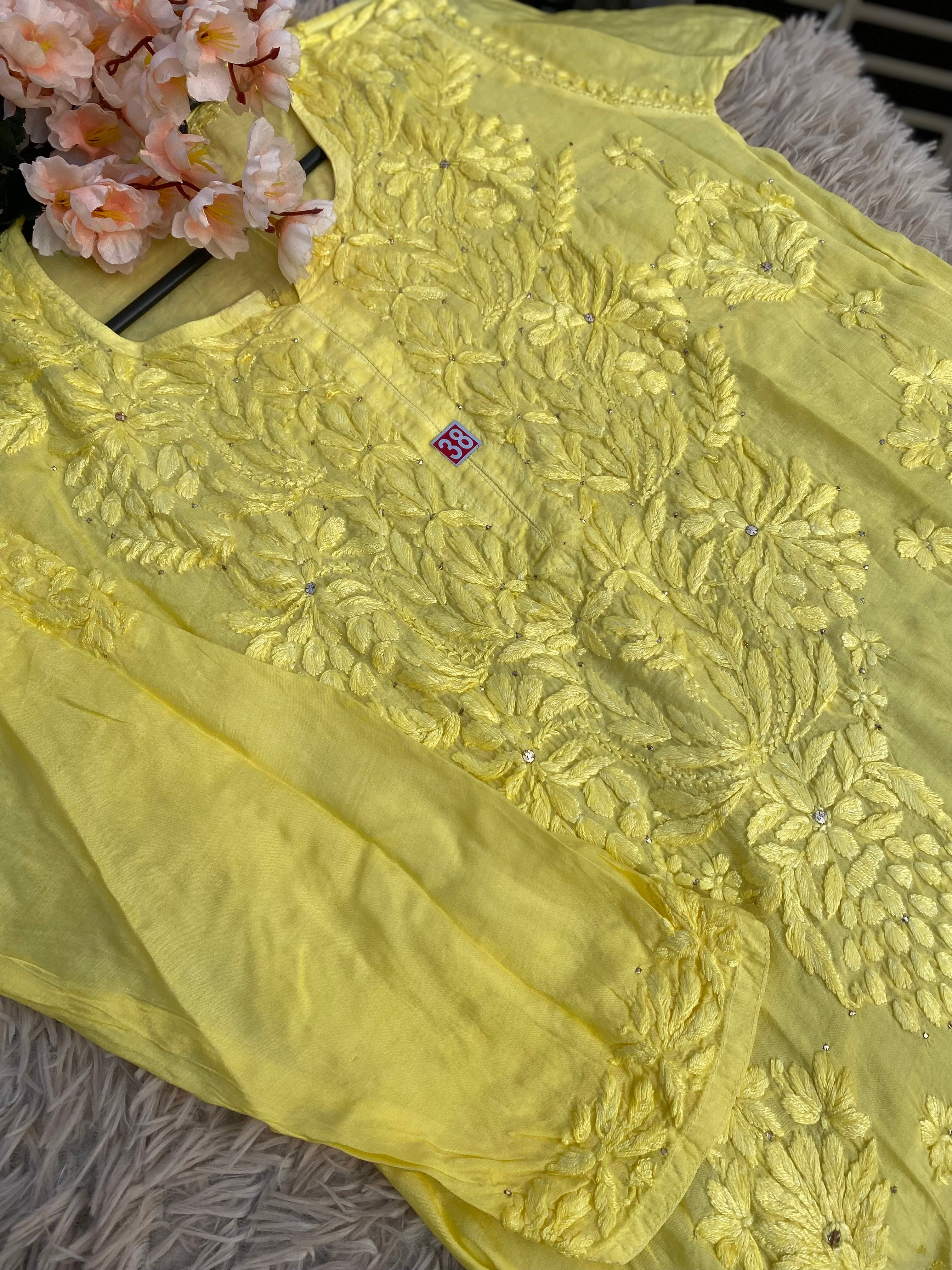 INAYA 3D WORK MUKESH SILK KURTI YELLOW