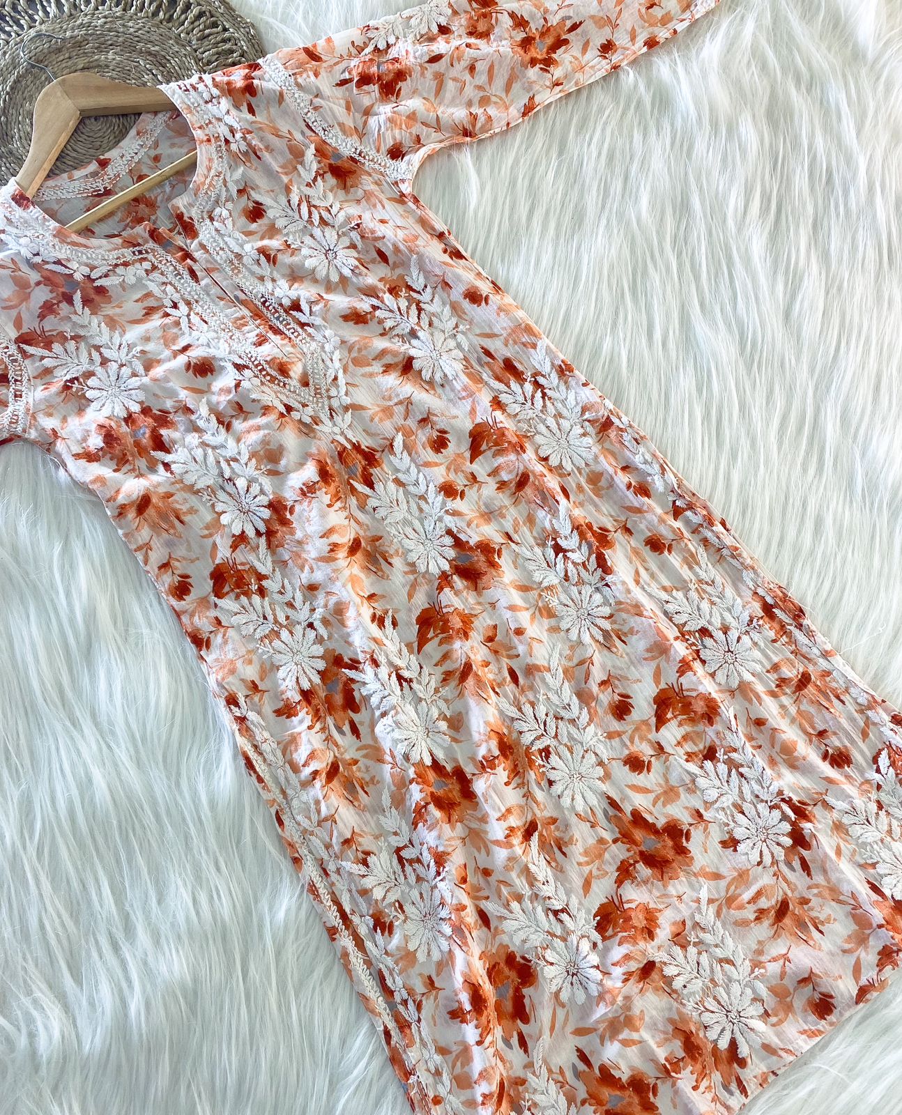 FLOWER MULMUL CHIKANKARI KURTI SET ORANGE.