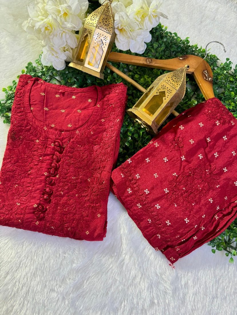 CHANDERI PREMIUM-CHERRY RED CHIKANKARI SET