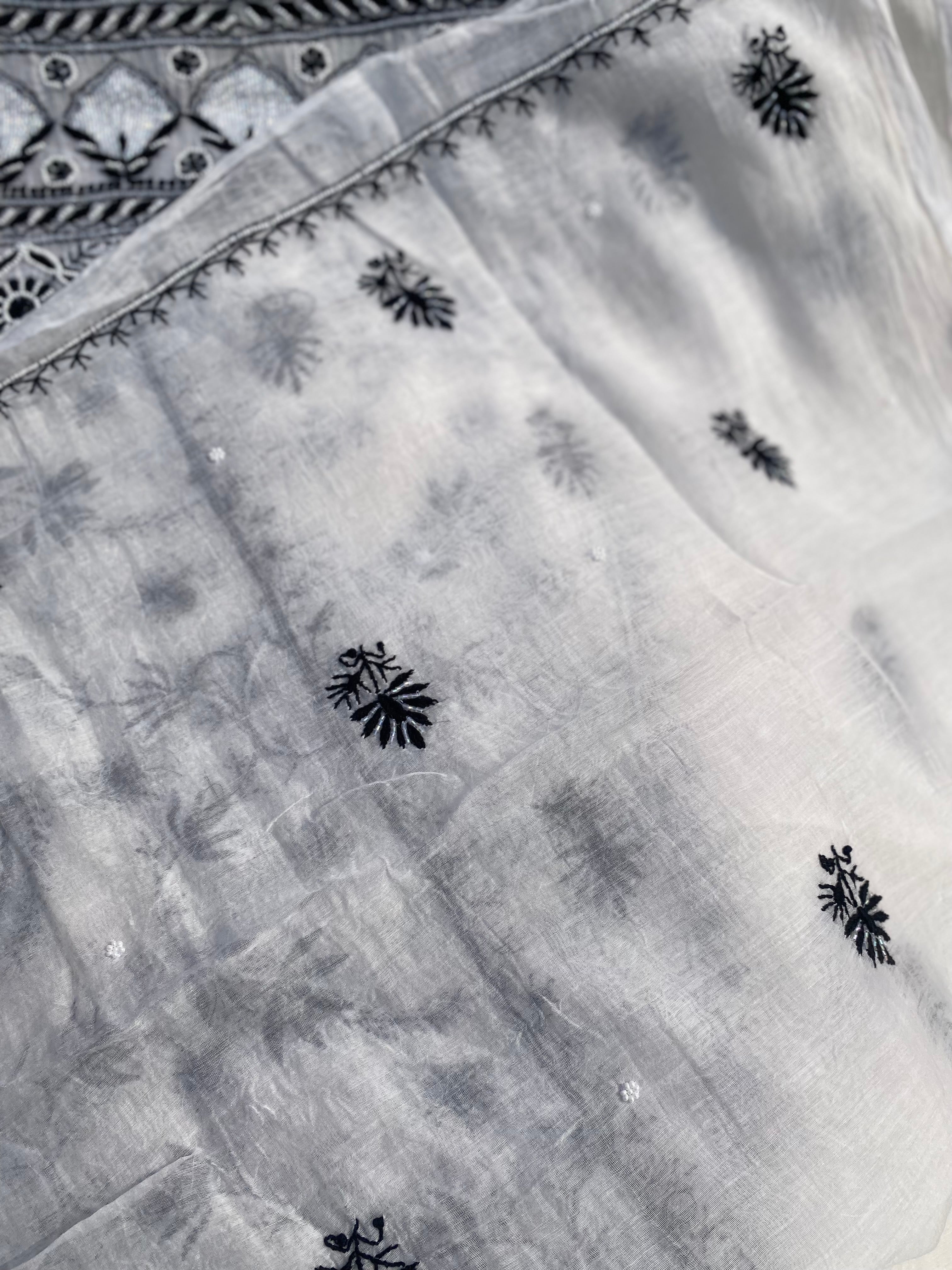 White and black Mul Chanderi Timeless Chikankari Kurti Set | Hand Embroidered Lucknowi Wear