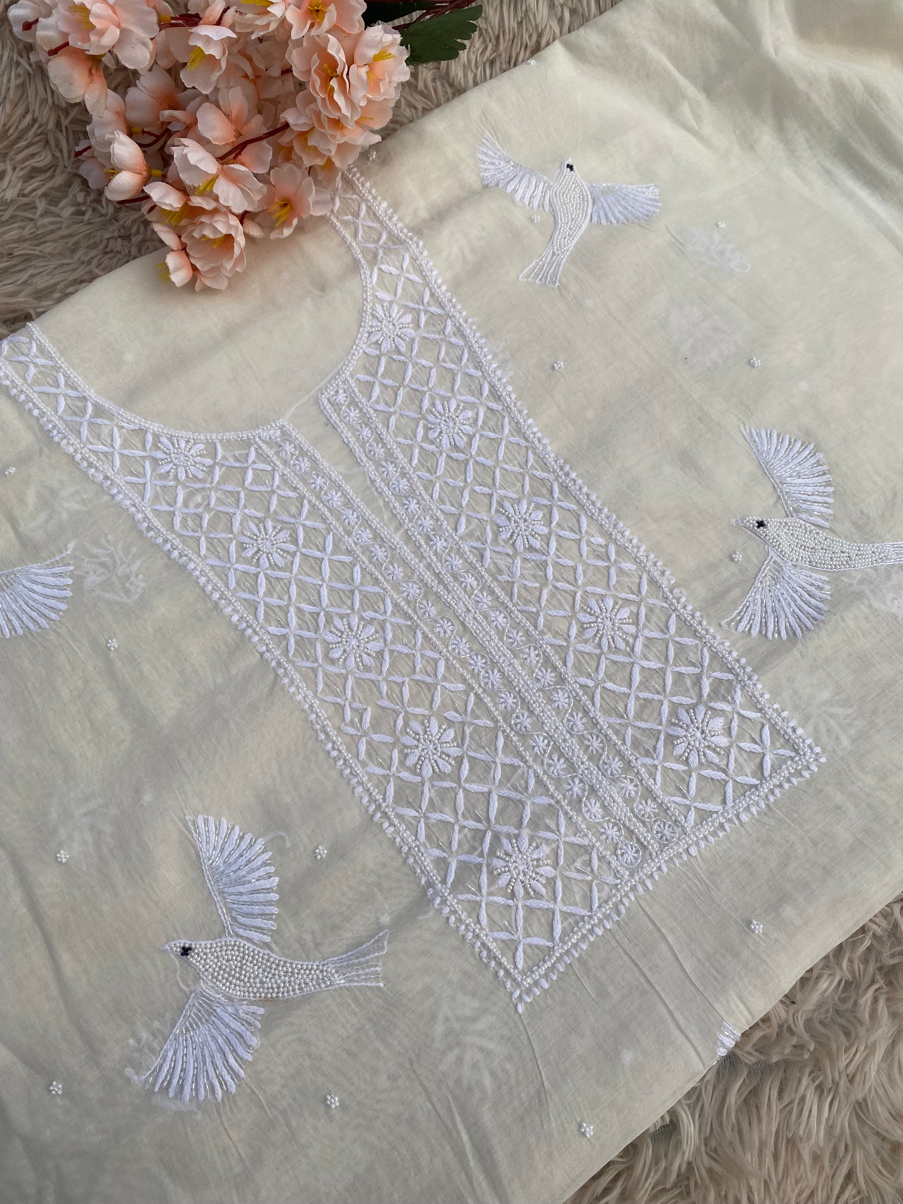 WHITE MUL CHANDERI UNSTITCHED KURTI WITH DUPATTA SET