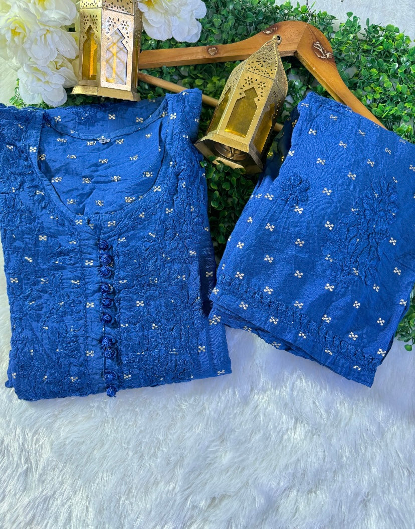 CHANDERI PREMIUM-BLUE CHIKANKARI SET