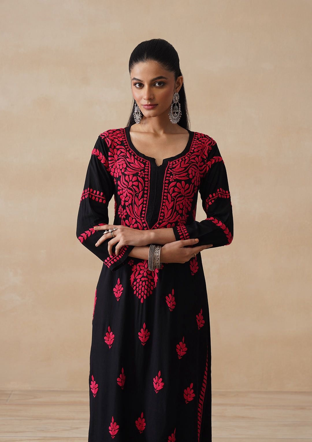 TRENDING CHIKANKARI EMBROIDED KURTI RED