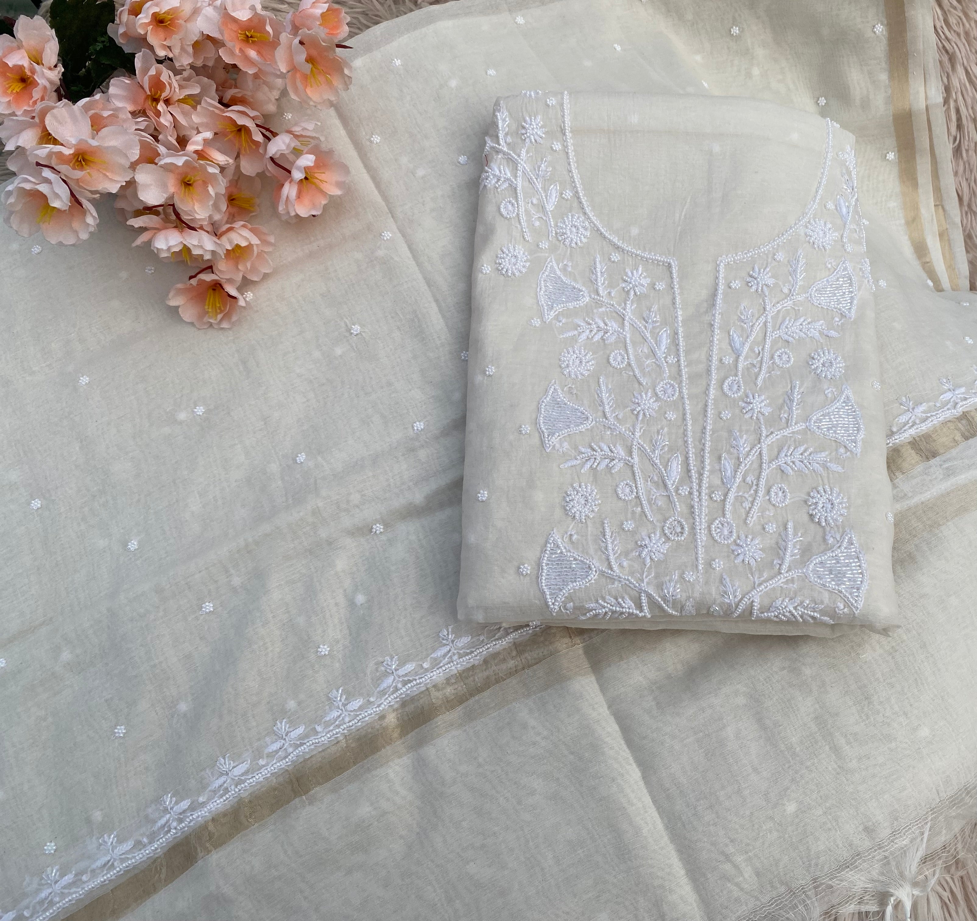 WHITE MUL CHANDERI UNSTITCHED KURTI WITH DUPATTA SET