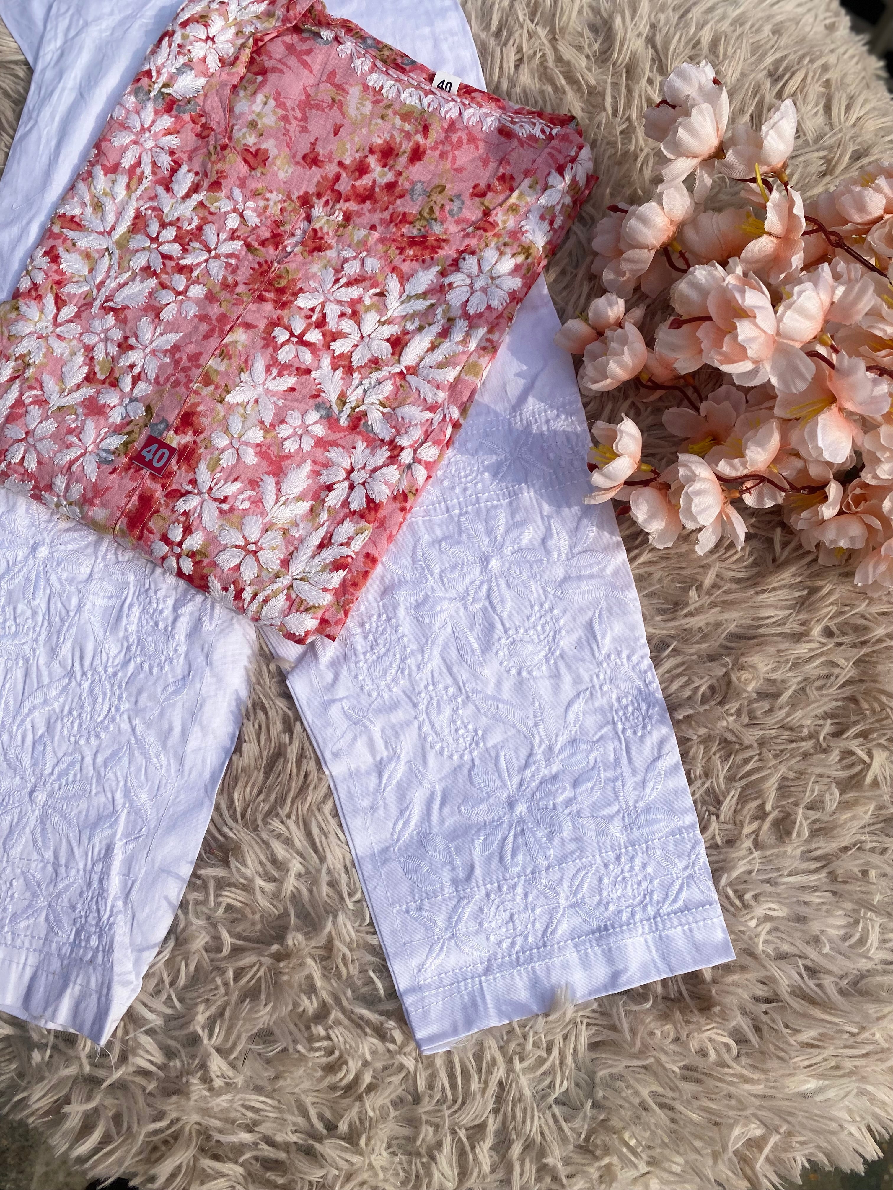 NETRA PRINTED CHIKANKARI SET CARROT RED