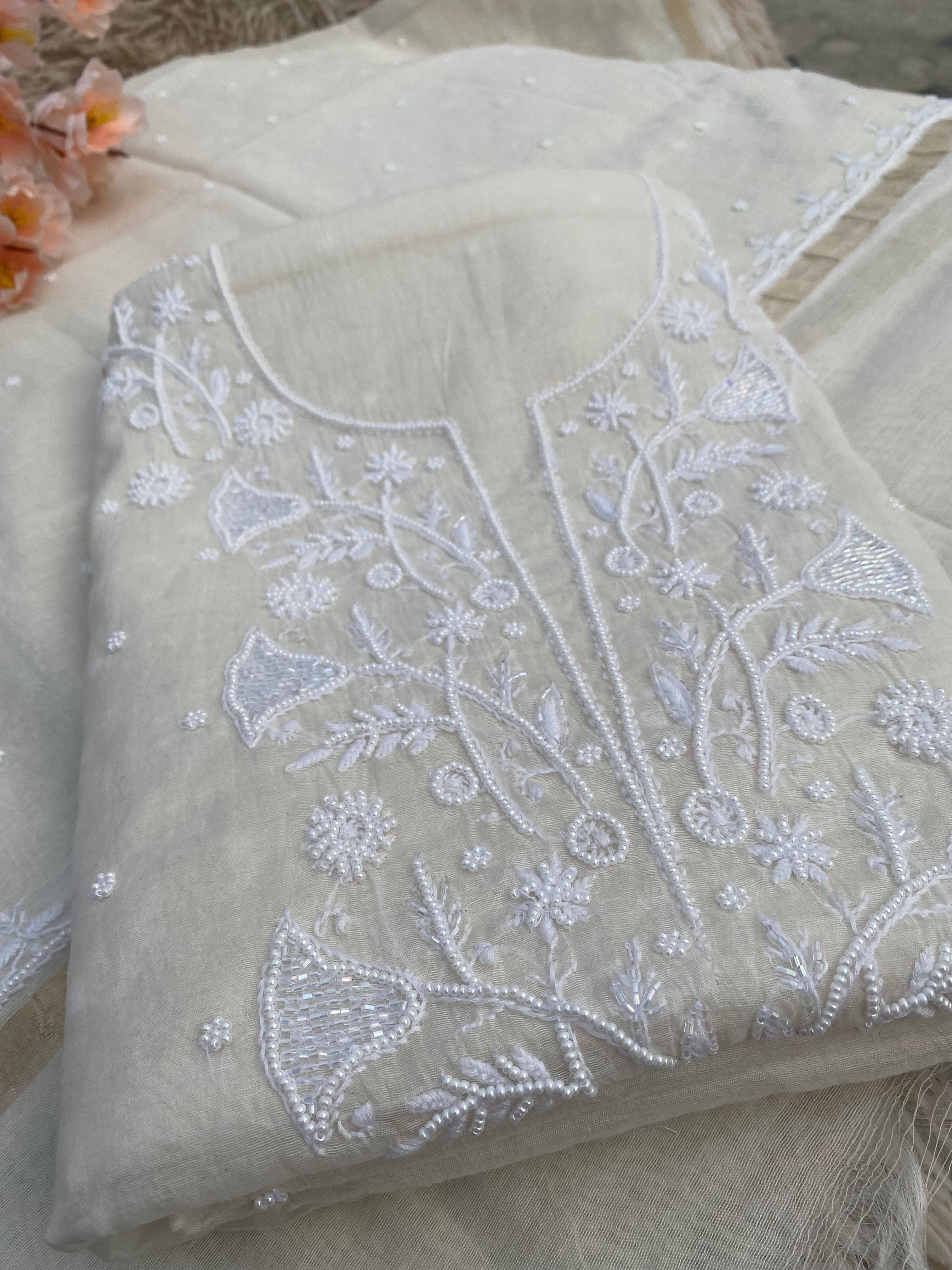 WHITE MUL CHANDERI UNSTITCHED KURTI WITH DUPATTA SET