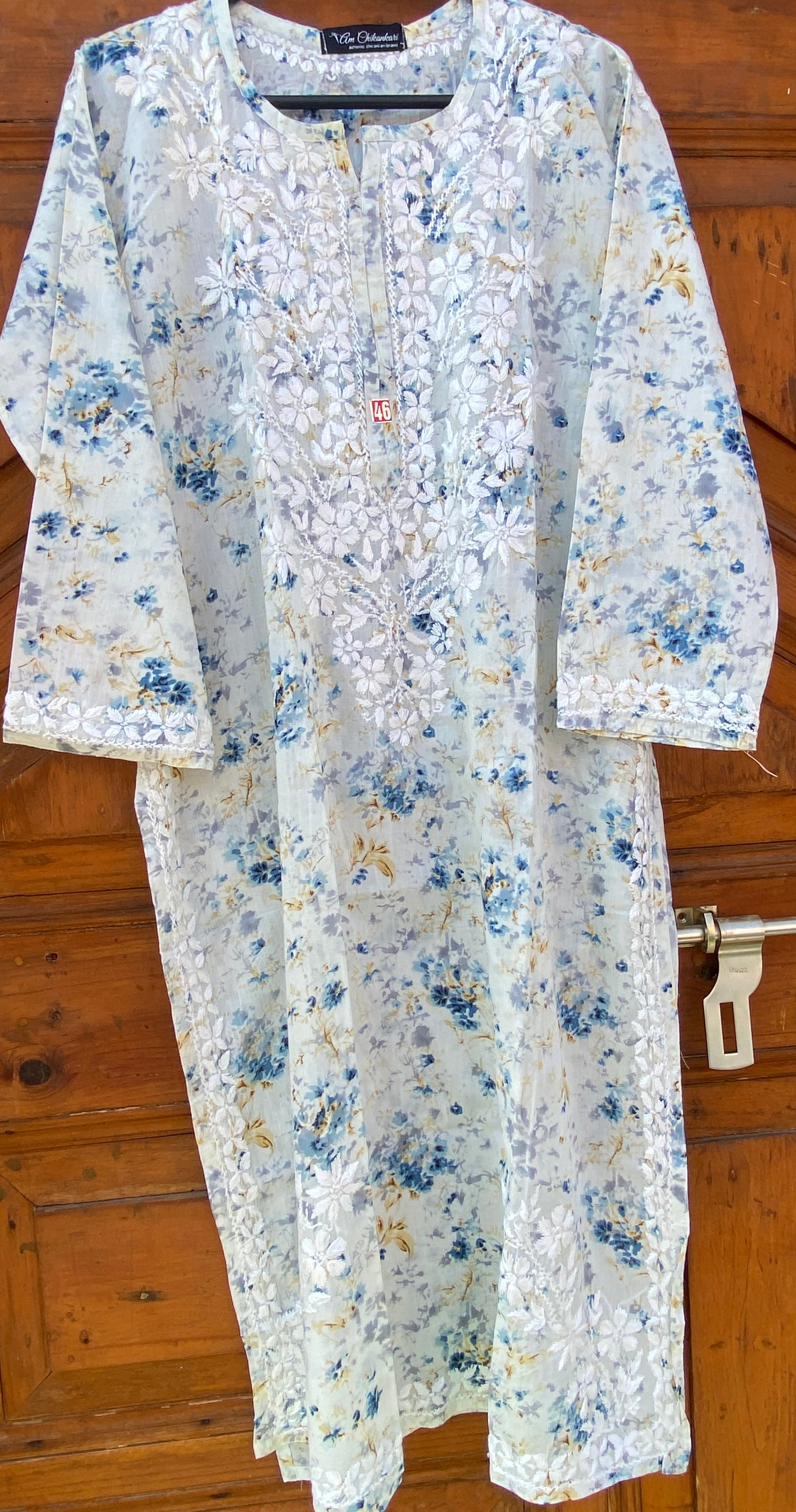 BLUE SOFT MULMUL CHIKANKARI STRAIGHT KURTI
