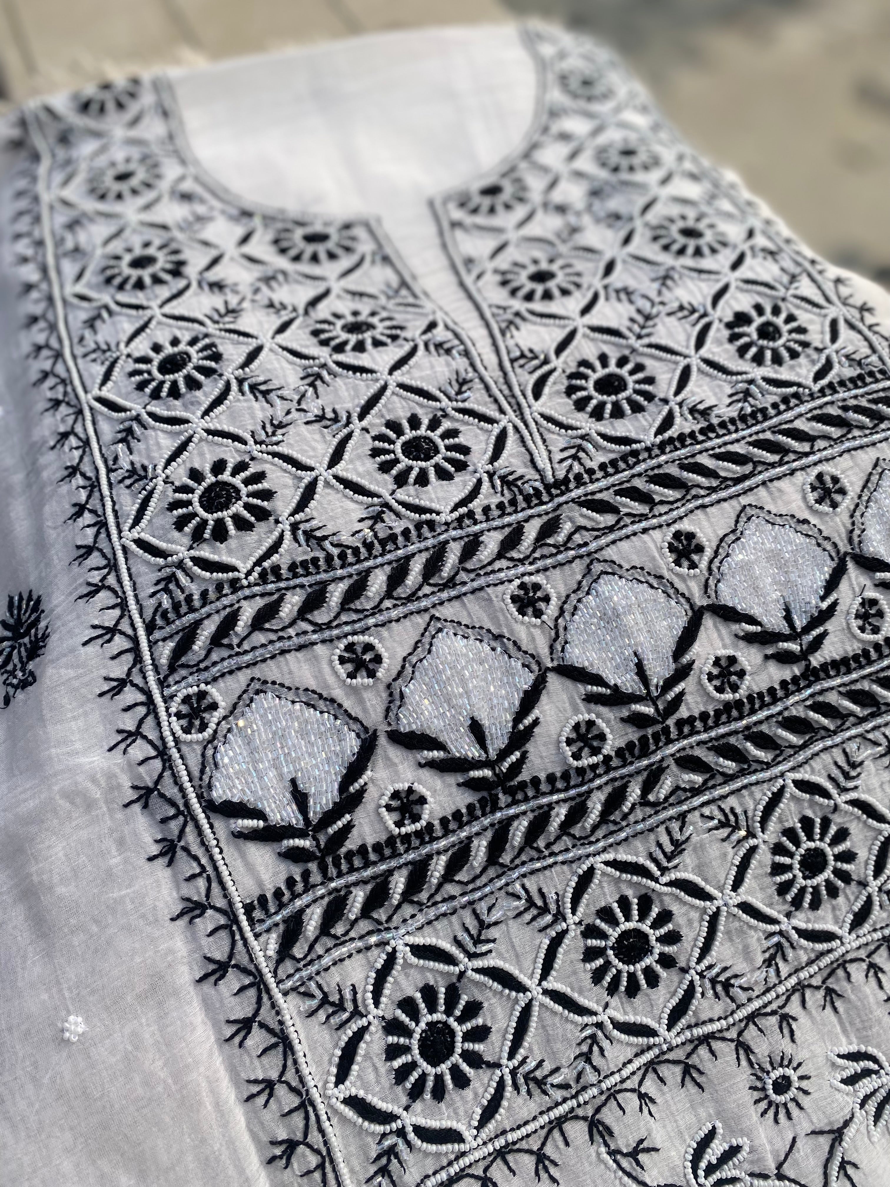White and black Mul Chanderi Timeless Chikankari Kurti Set | Hand Embroidered Lucknowi Wear