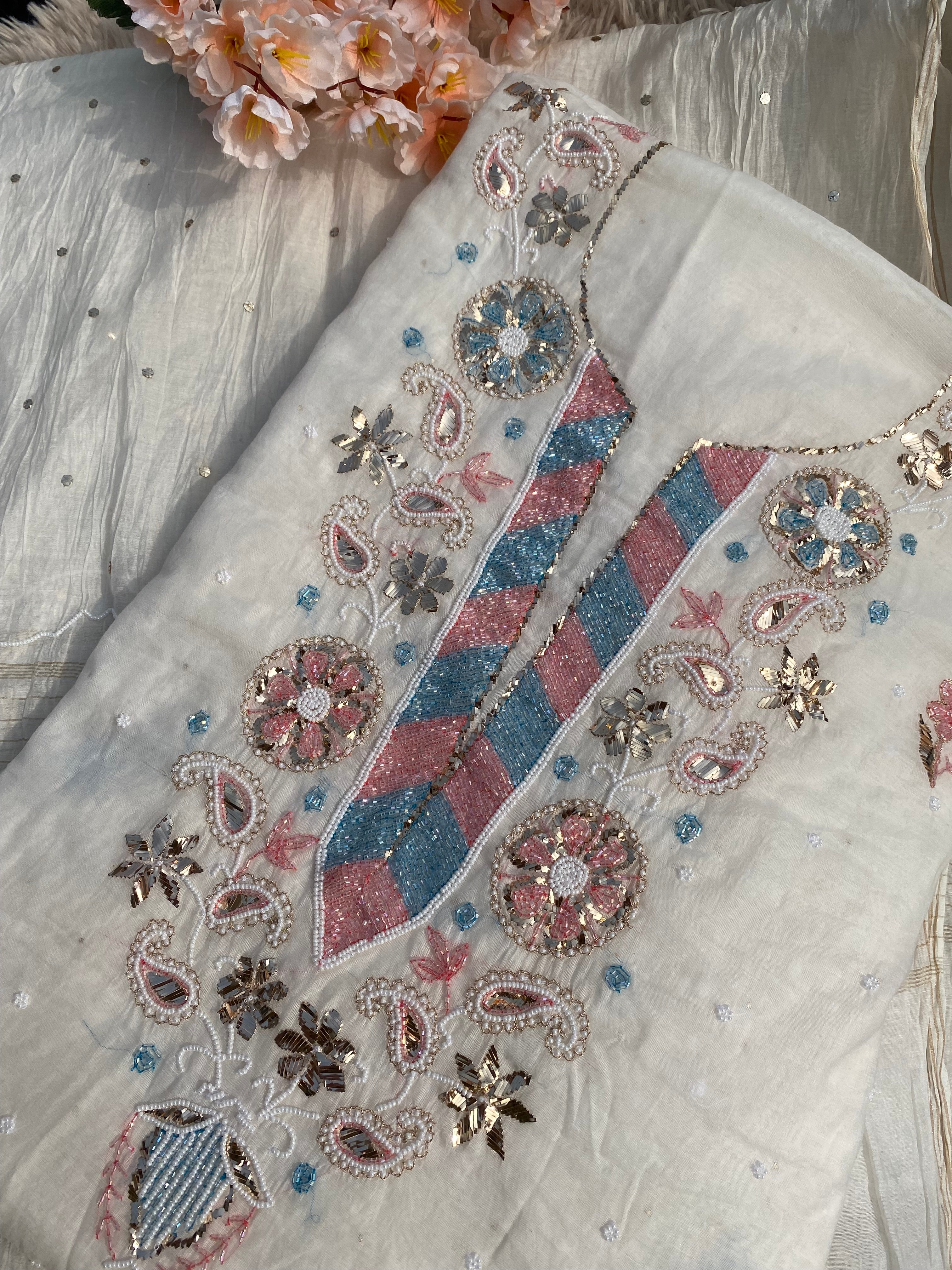 Mul Chanderi Chikankari Suit with Mukaish & Cutdana Hand Embroidery