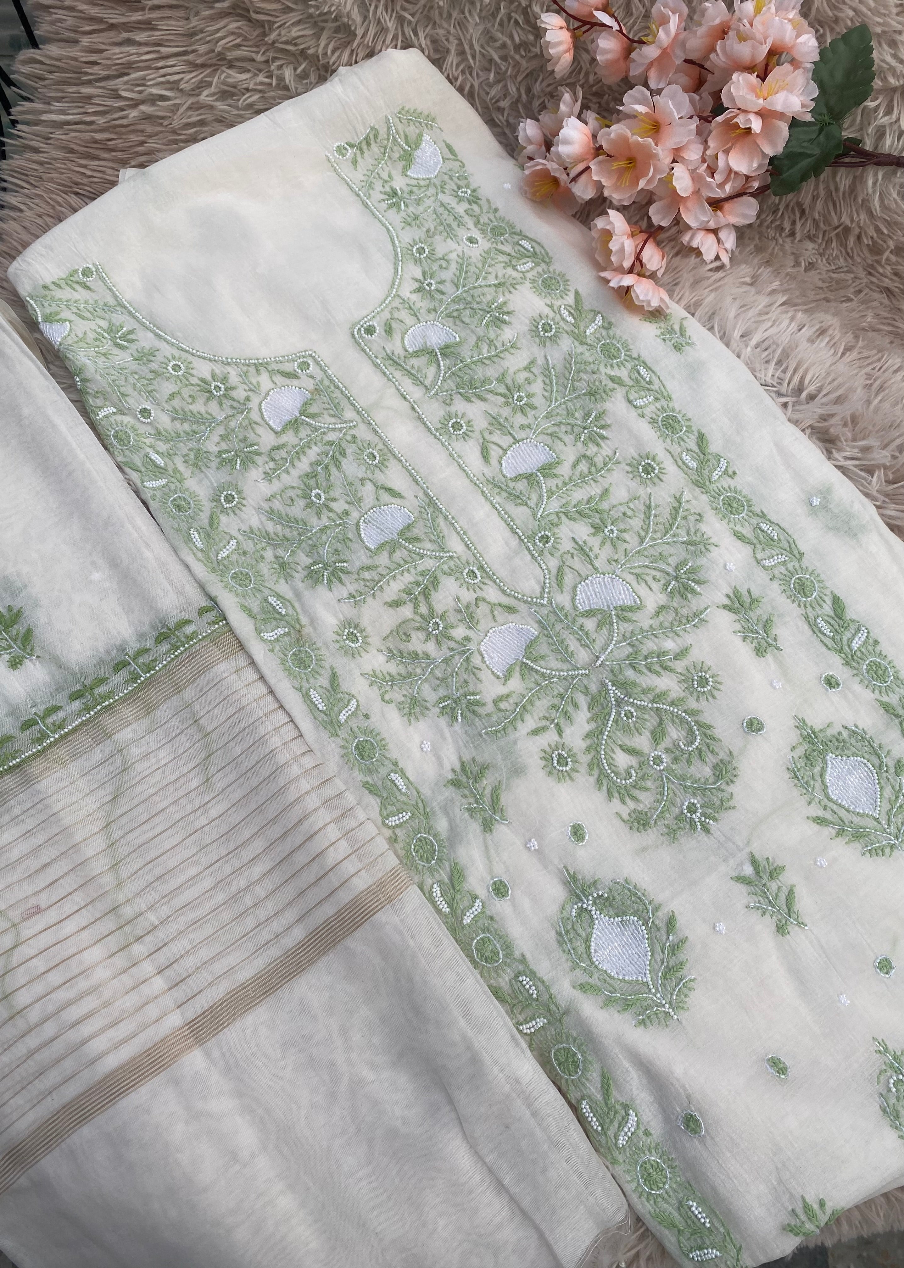 WHITE WITH GREEN MUL CHANDERI UNSTITCHED KURTI WITH DUPATTA SET