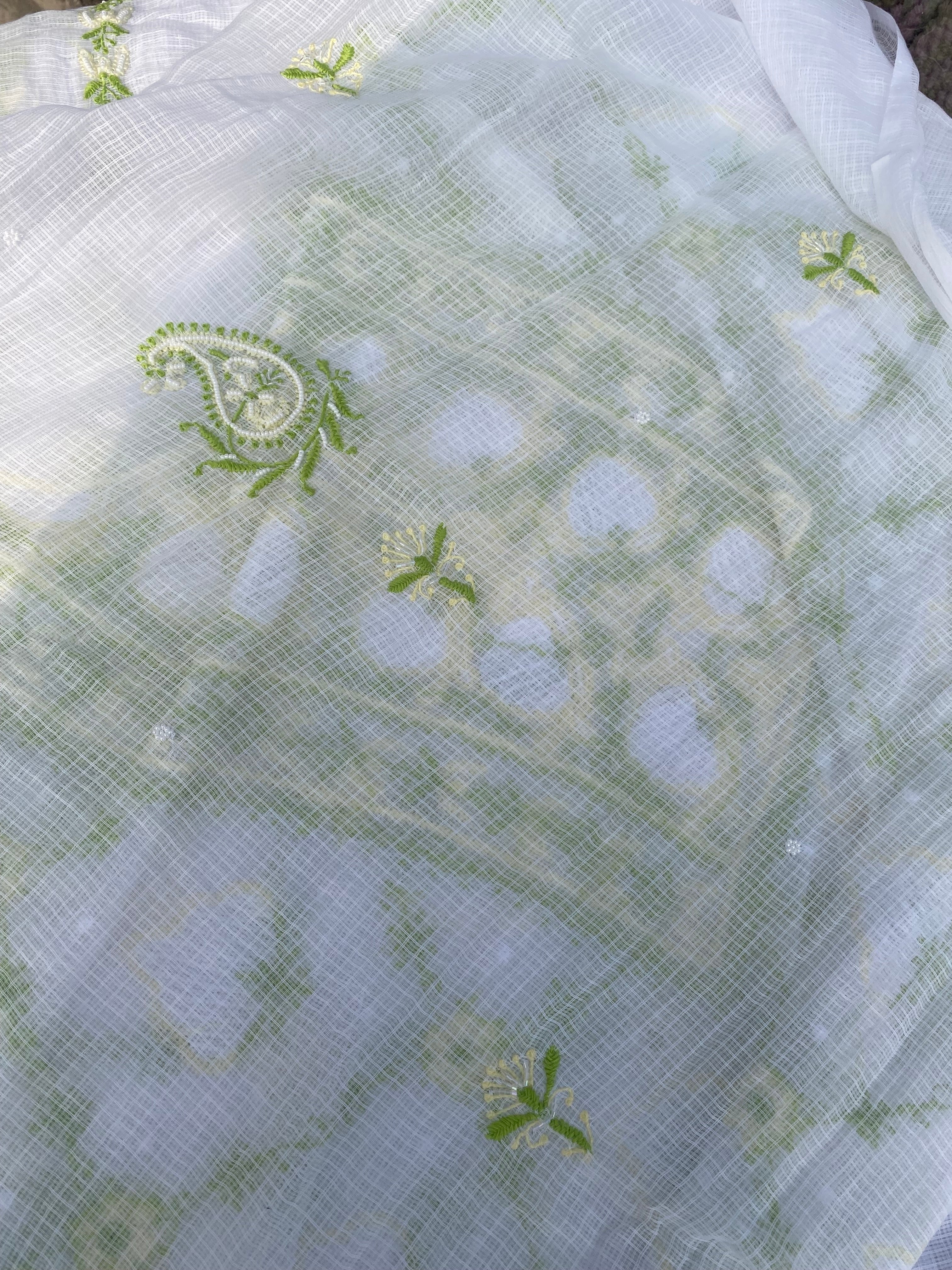 White Kota Doria Chikankari Suit with Lime Green Hand Embroidery
