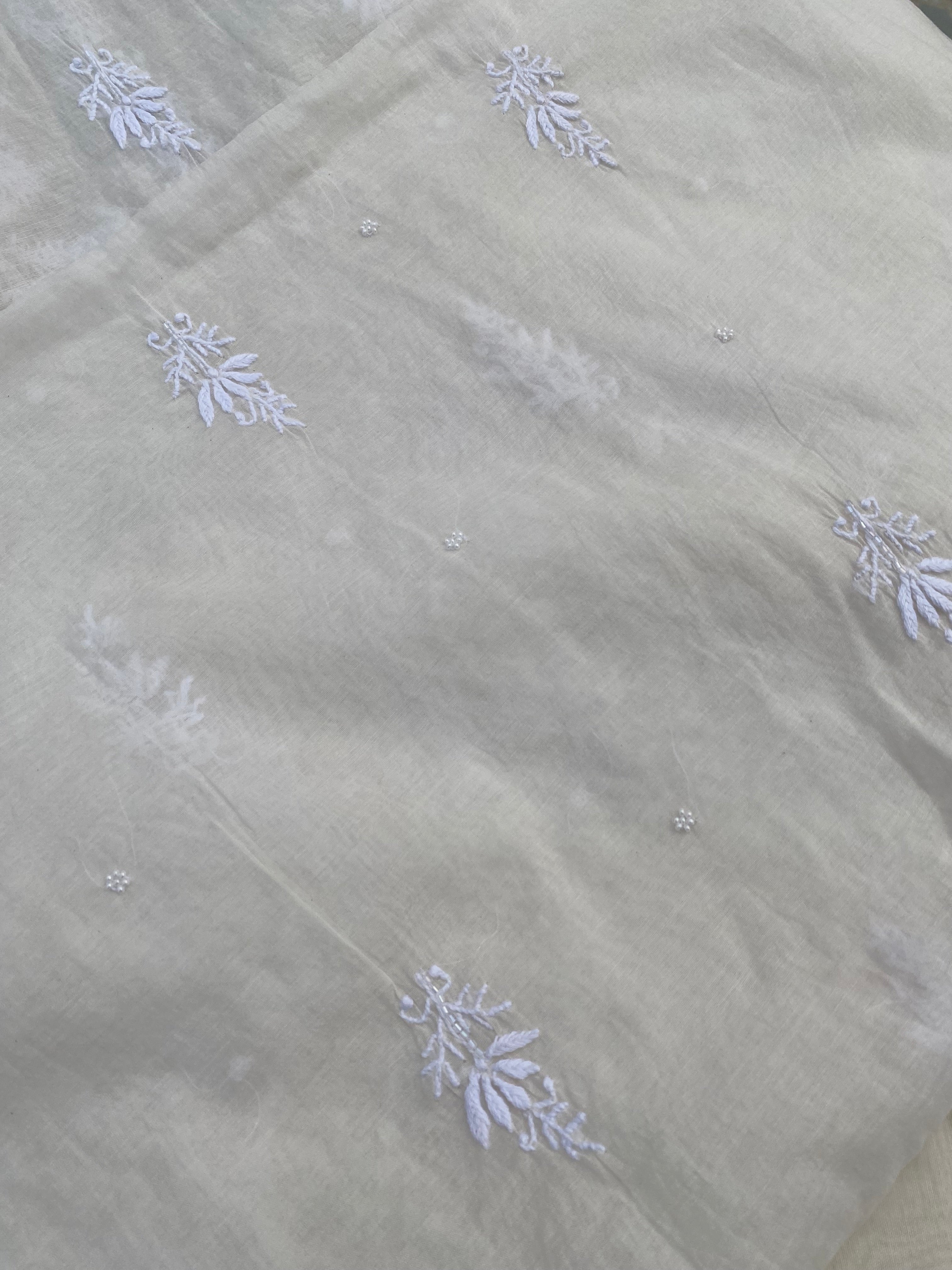 WHITE MUL CHANDERI UNSTITCHED KURTI WITH DUPATTA SET