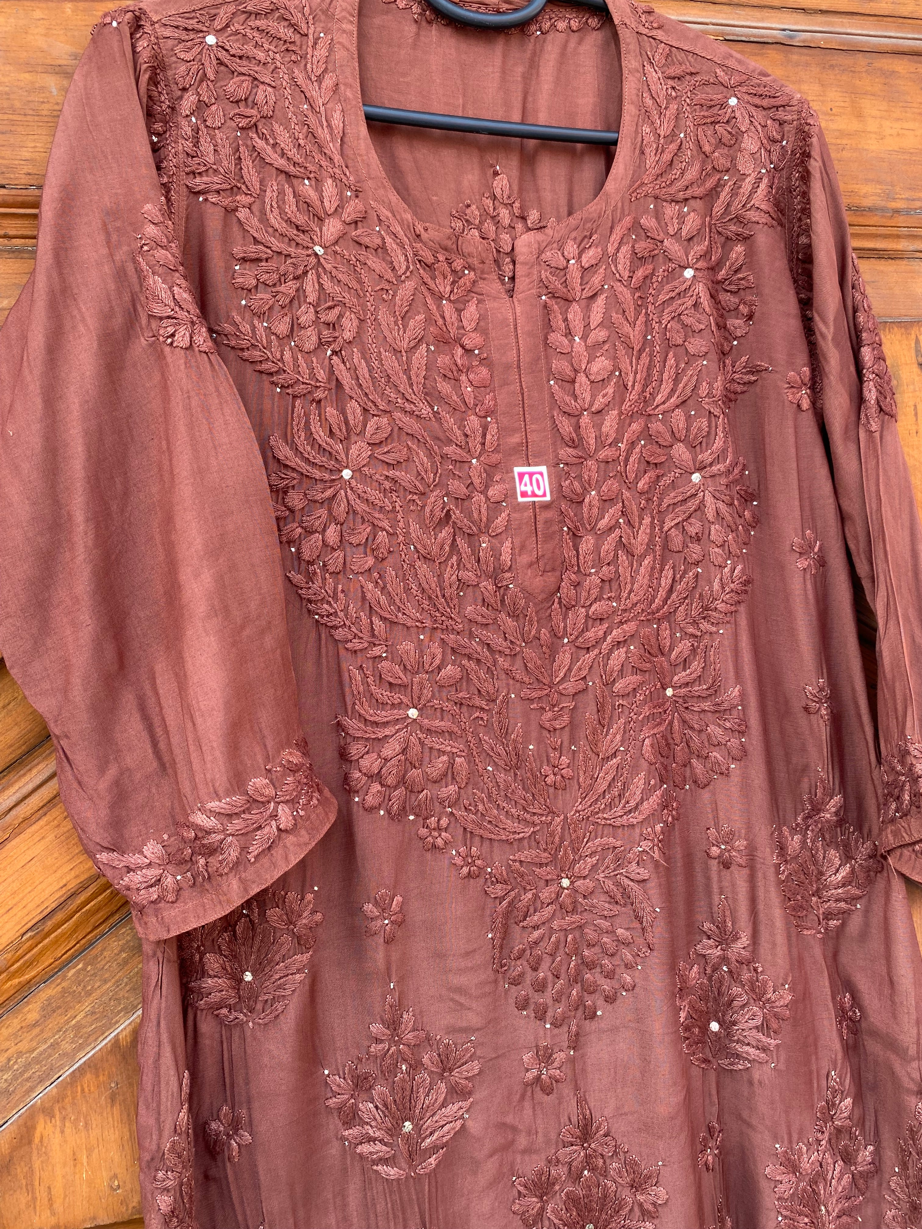 INAYA 3D WORK MUKESH SILK KURTI BROWN